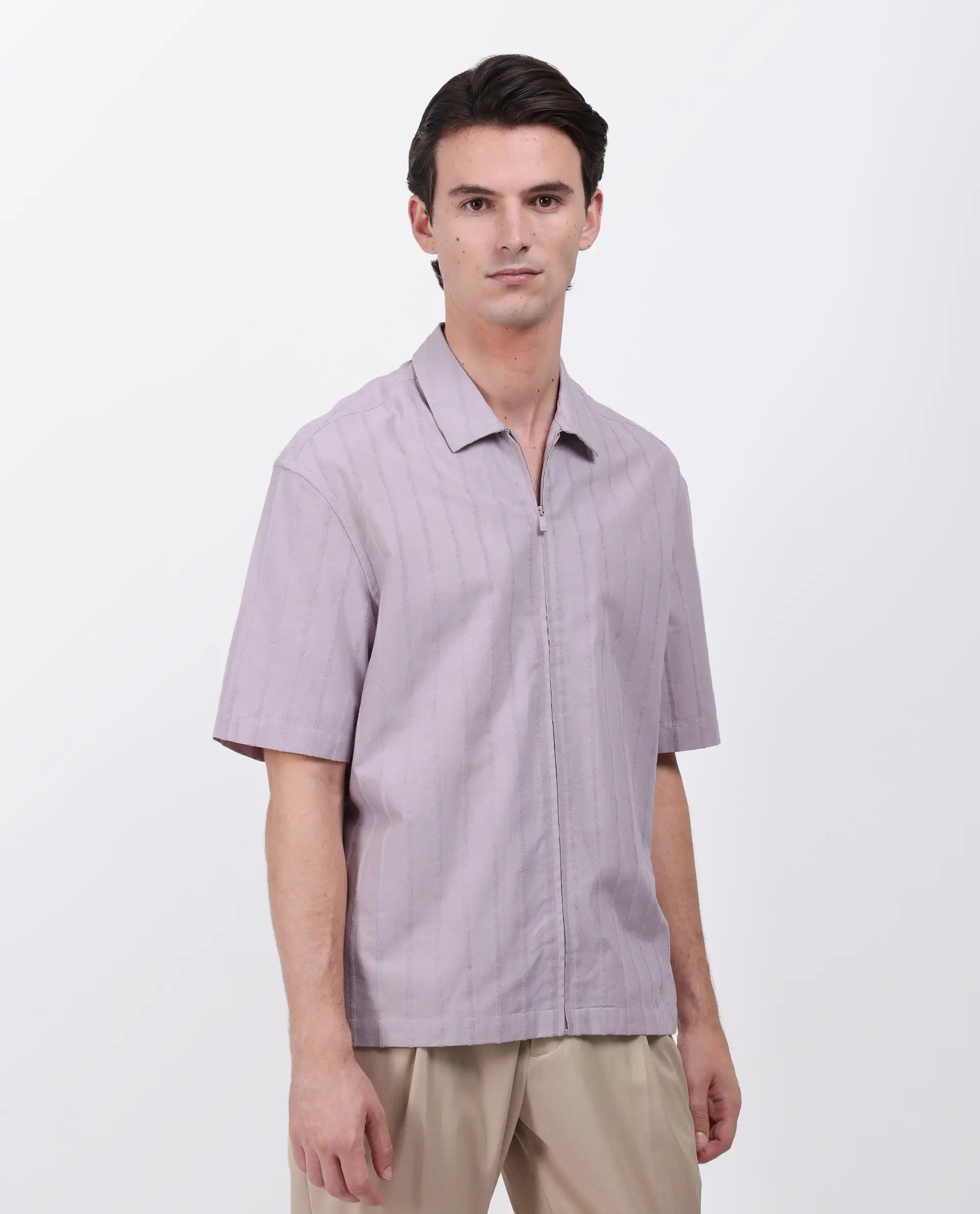 Rare Rabbit Men's Tenerz Dusky Purple Cotton Striped Print Boxy Fit Half Sleeve Collared Shirt