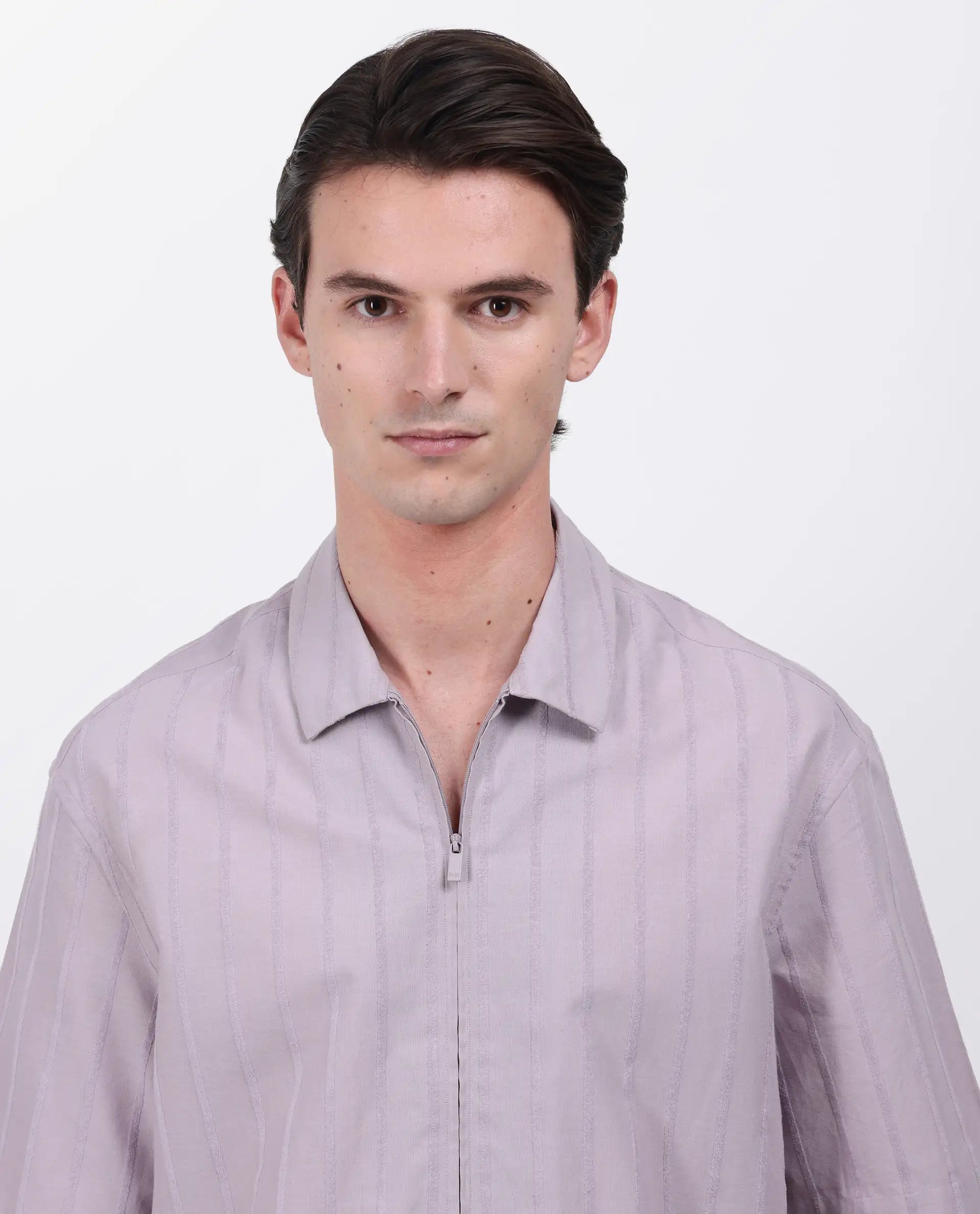 Rare Rabbit Men's Tenerz Dusky Purple Cotton Striped Print Boxy Fit Half Sleeve Collared Shirt