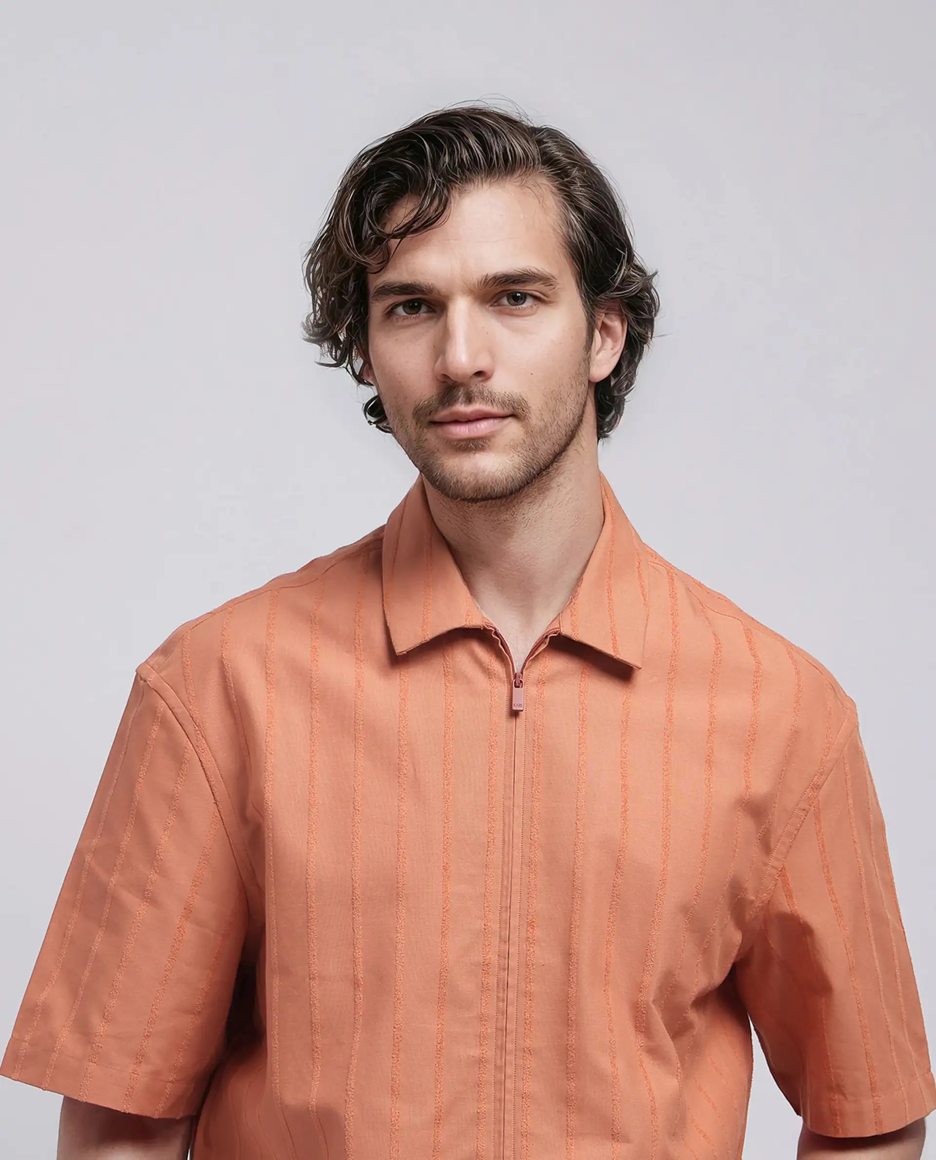 Rare Rabbit Men's Tenerz Rust Cotton Fabric Half Sleeve Spread Collar Boxy Fit Striped Shirt