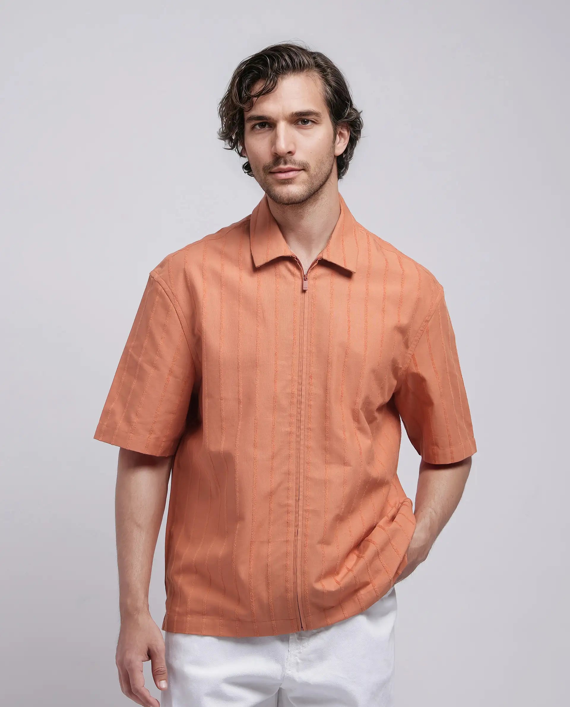 Rare Rabbit Men's Tenerz Rust Cotton Fabric Half Sleeve Spread Collar Boxy Fit Striped Shirt