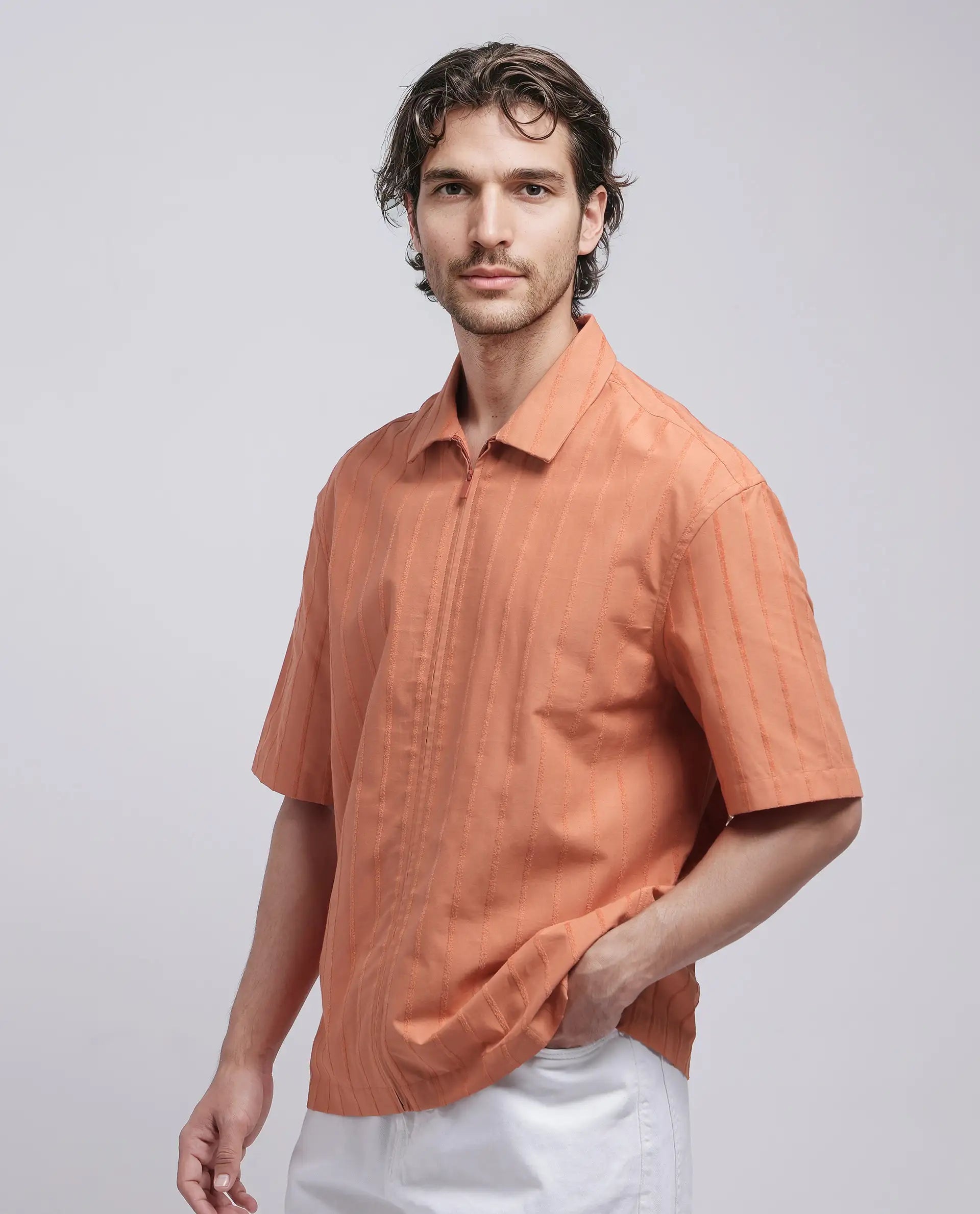 Rare Rabbit Men's Tenerz Rust Cotton Fabric Half Sleeve Spread Collar Boxy Fit Striped Shirt