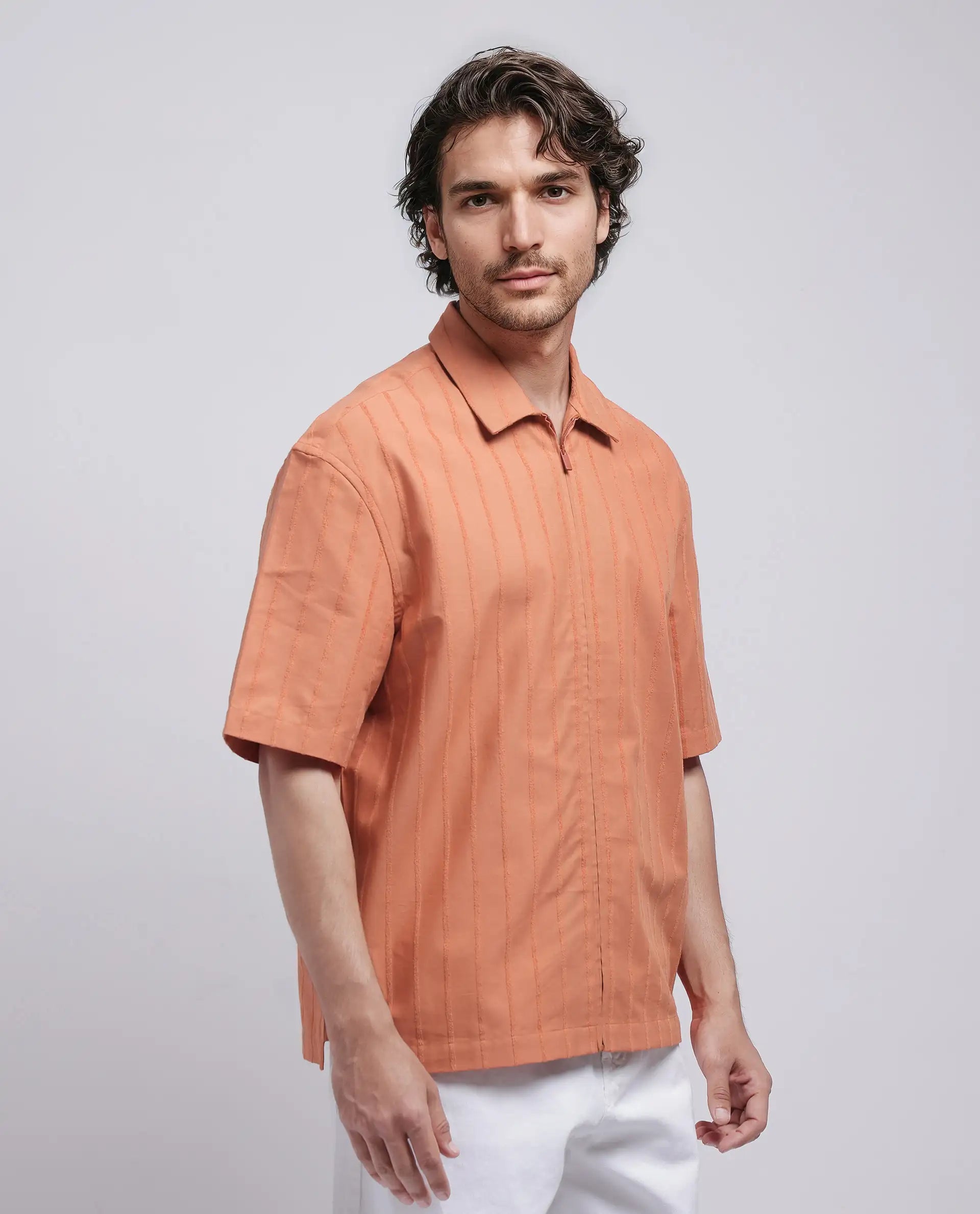 Rare Rabbit Men's Tenerz Rust Cotton Fabric Half Sleeve Spread Collar Boxy Fit Striped Shirt