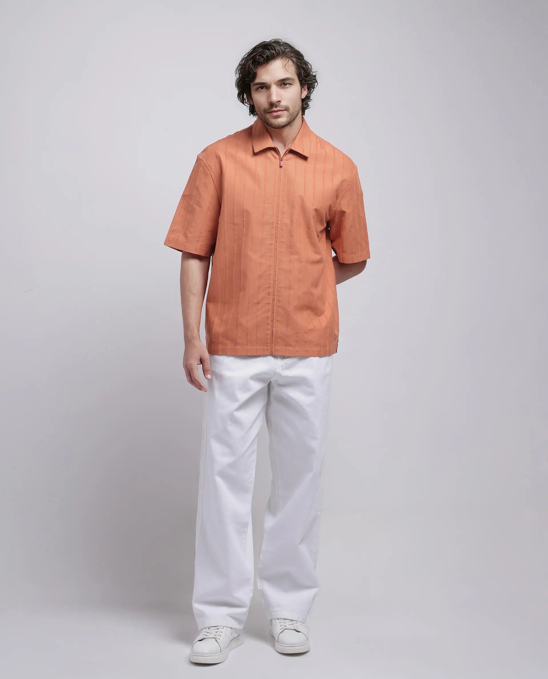 Rare Rabbit Men's Tenerz Rust Cotton Fabric Half Sleeve Spread Collar Boxy Fit Striped Shirt