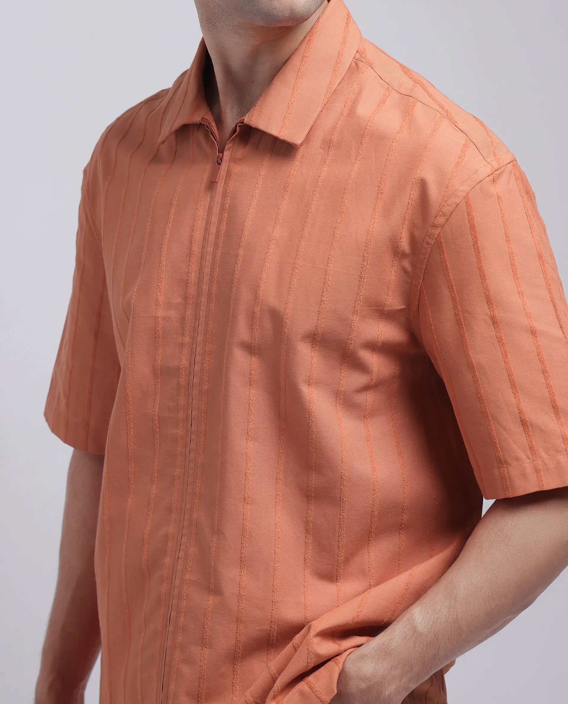 Rare Rabbit Men's Tenerz Rust Cotton Fabric Half Sleeve Spread Collar Boxy Fit Striped Shirt