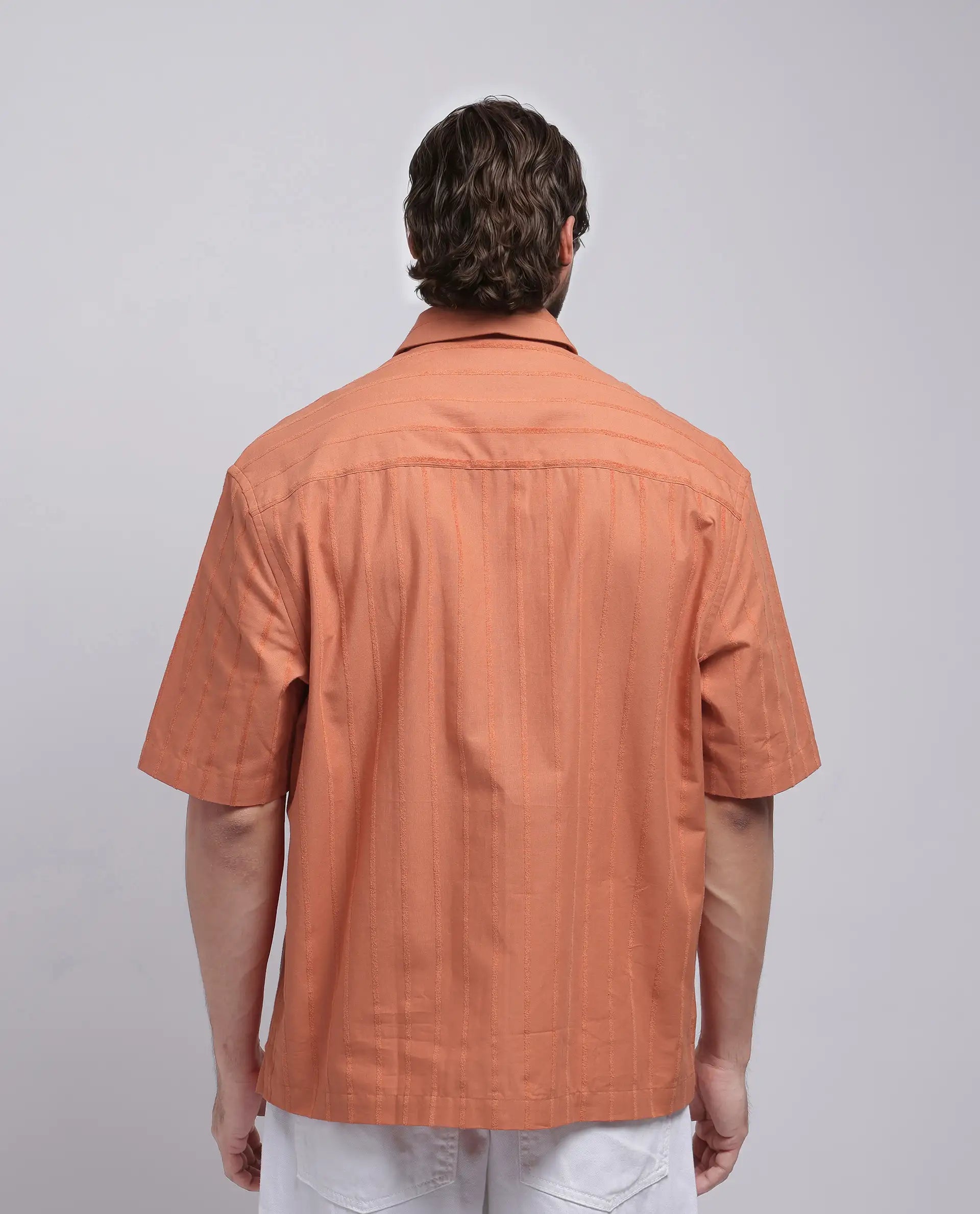 Rare Rabbit Men's Tenerz Rust Cotton Fabric Half Sleeve Spread Collar Boxy Fit Striped Shirt