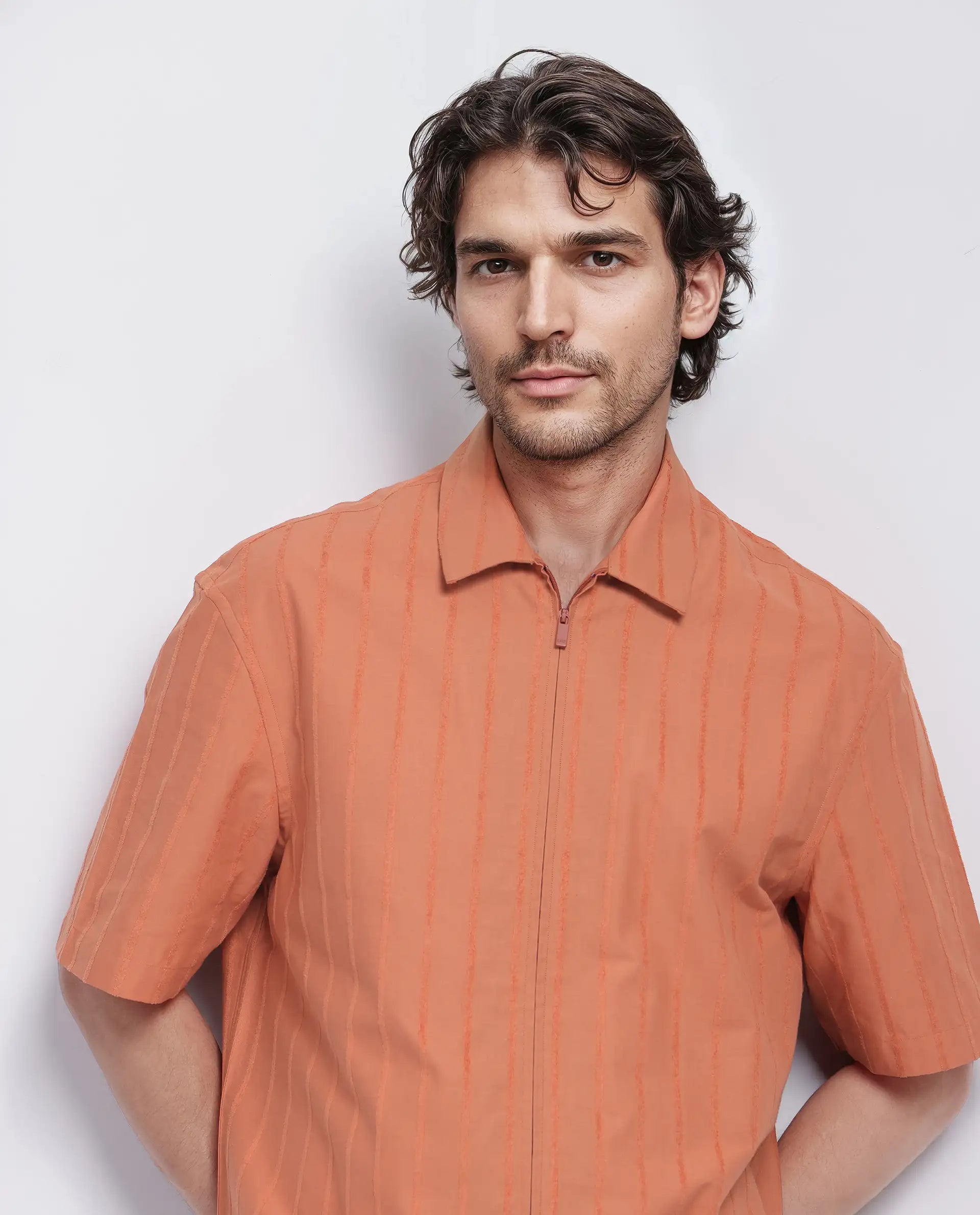 Rare Rabbit Men's Tenerz Rust Cotton Fabric Half Sleeve Spread Collar Boxy Fit Striped Shirt