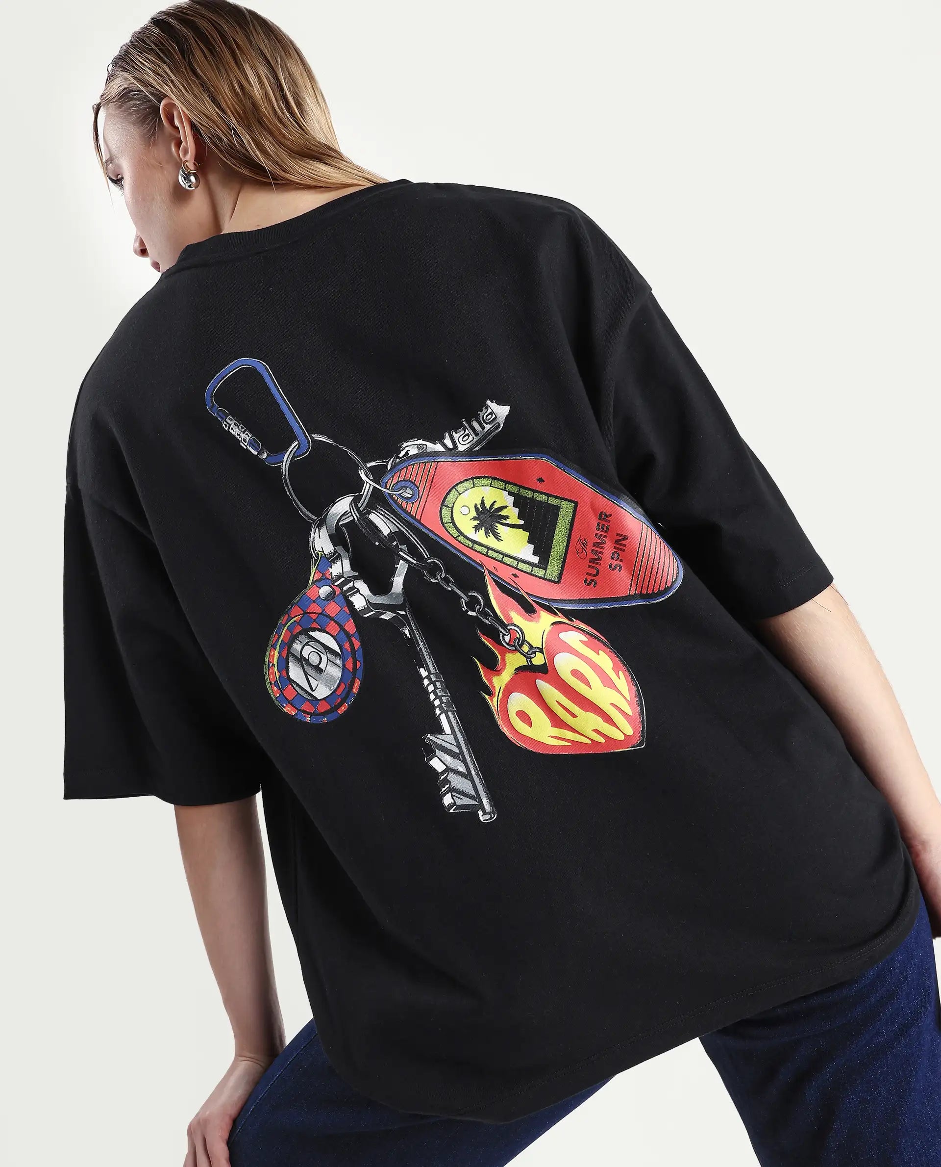 Rareism Women's Tenk Black Cotton Graphic Print Oversized T-Shirt