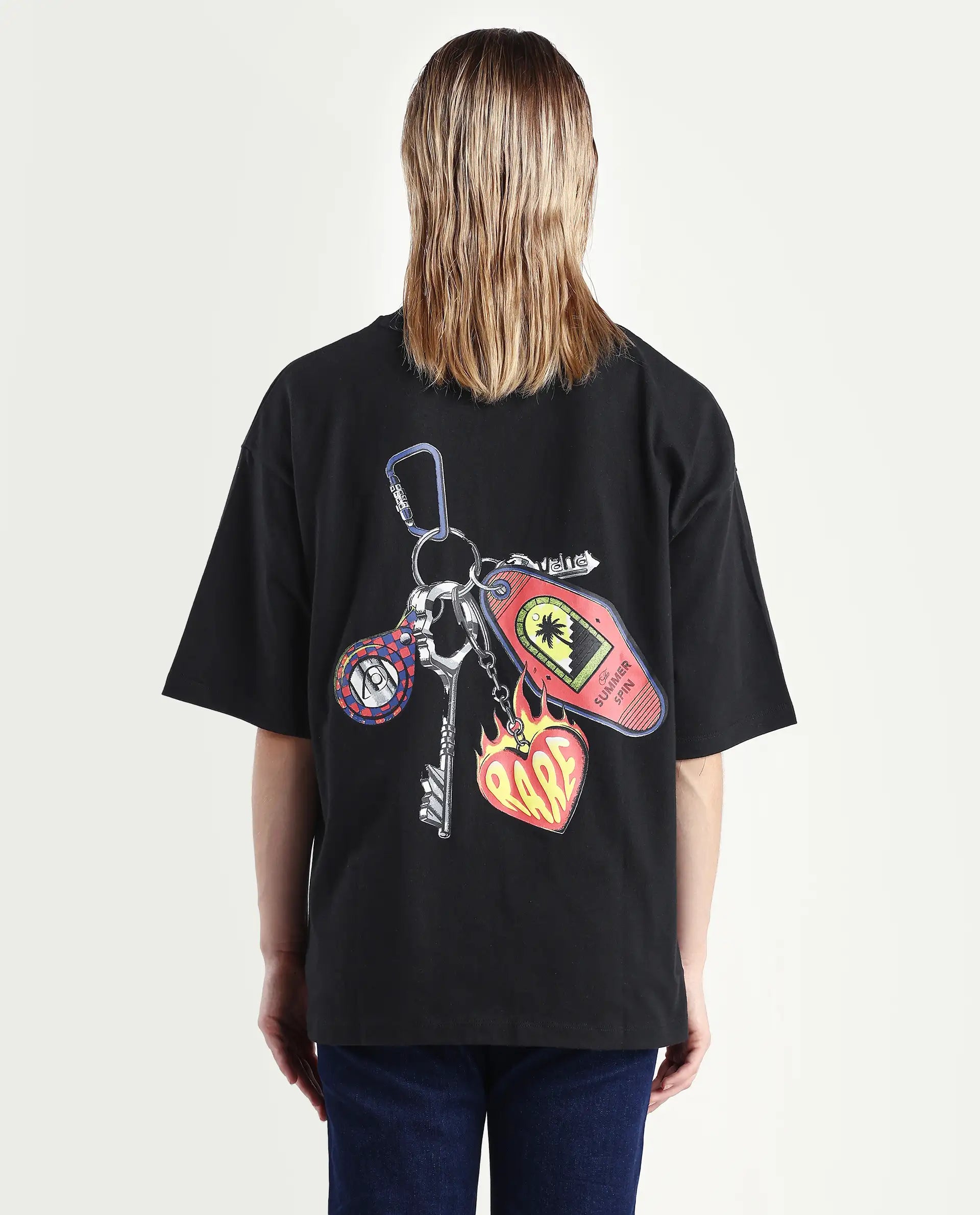 Rareism Women's Tenk Black Cotton Graphic Print Oversized T-Shirt