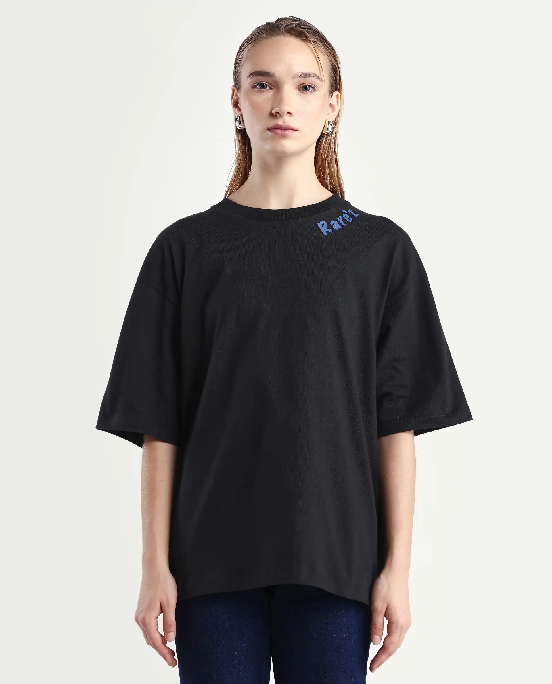 Rareism Women's Tenk Black Cotton Graphic Print Oversized T-Shirt