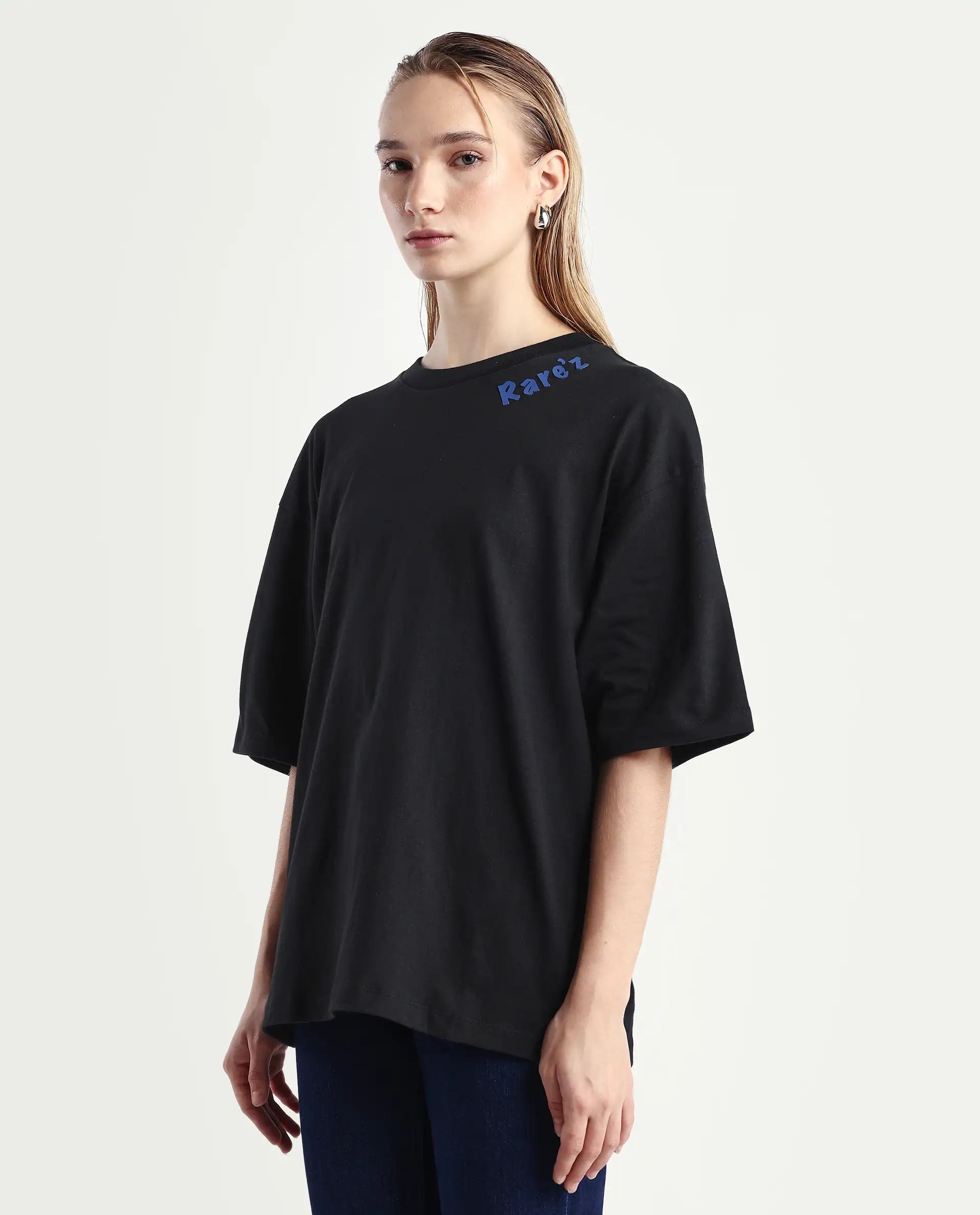 Rareism Women's Tenk Black Cotton Graphic Print Oversized T-Shirt