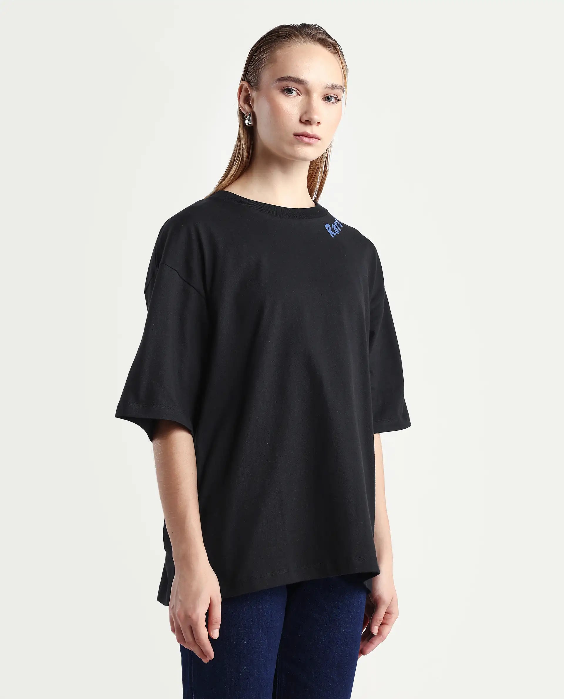 Rareism Women's Tenk Black Cotton Graphic Print Oversized T-Shirt