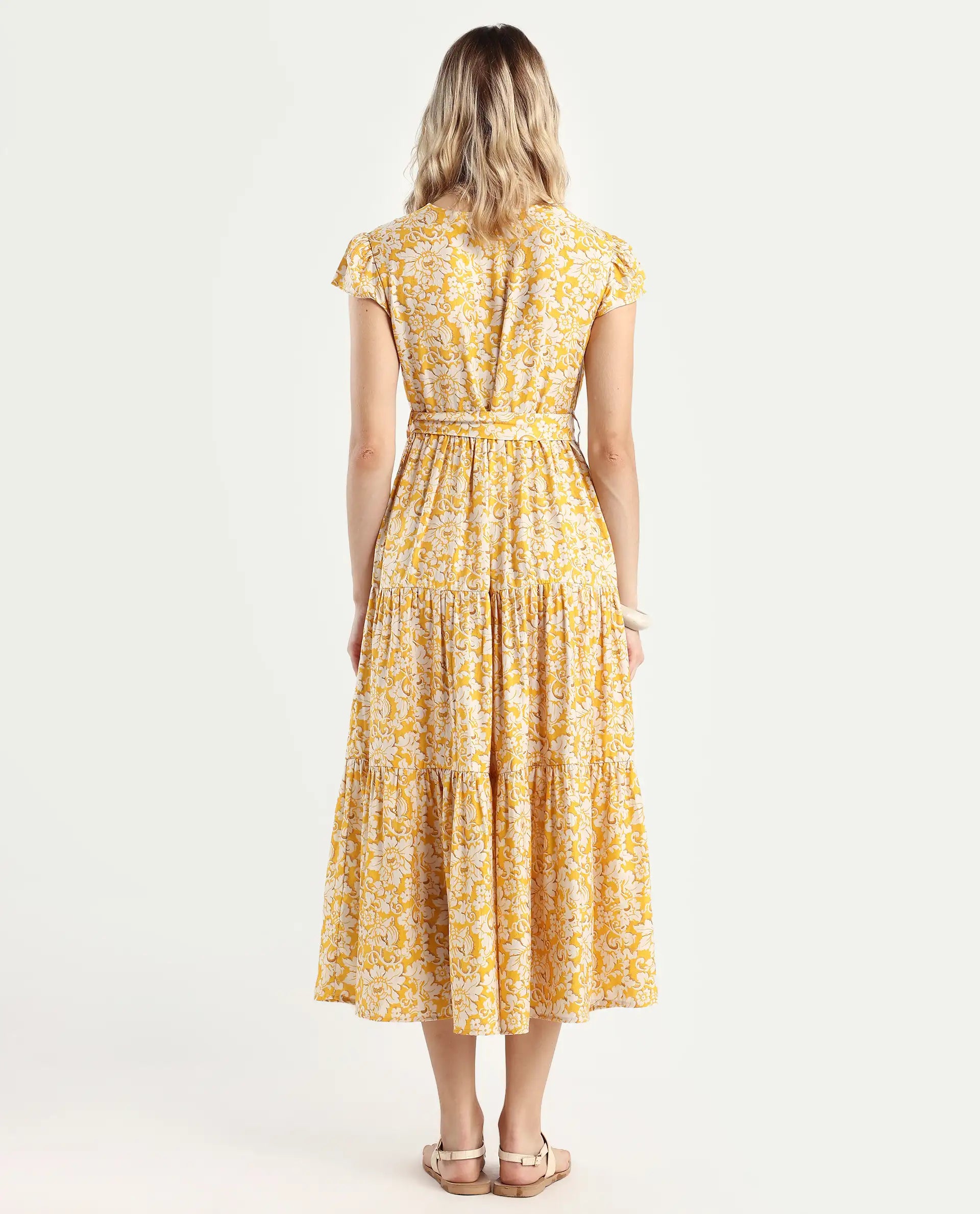 Rareism Women's Tenna Yellow Viscose Blend V-Neck Floral Print Cap Sleeve Midi Fit And Flare Dress