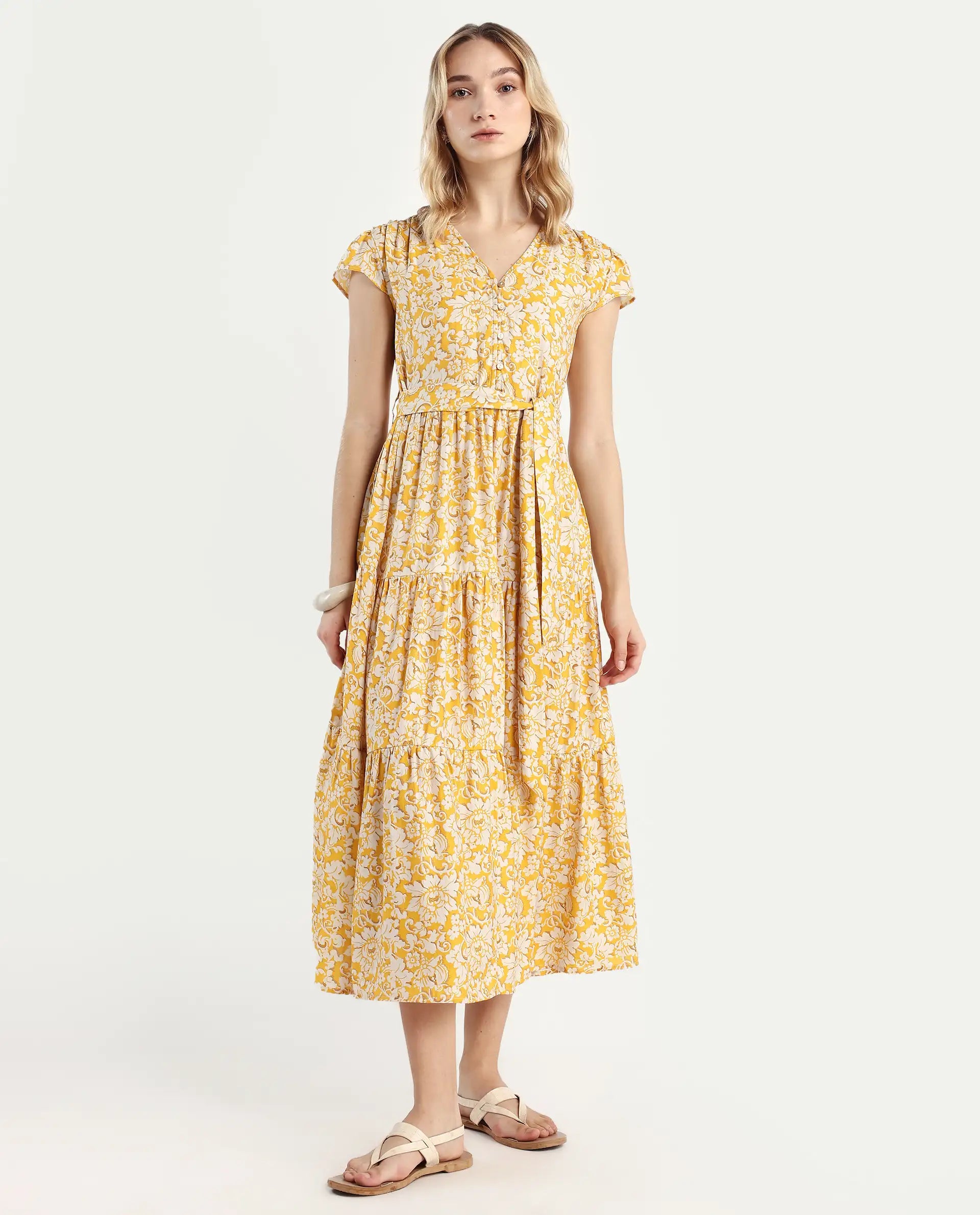 Rareism Women's Tenna Yellow Viscose Blend V-Neck Floral Print Cap Sleeve Midi Fit And Flare Dress