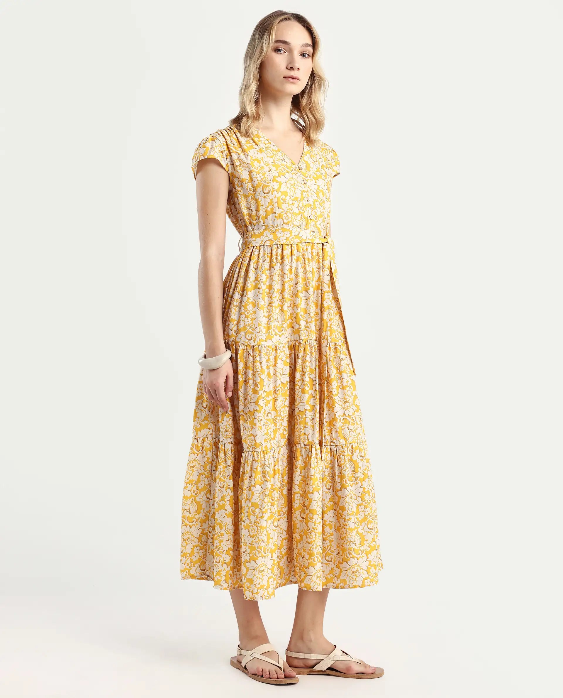 Rareism Women's Tenna Yellow Viscose Blend V-Neck Floral Print Cap Sleeve Midi Fit And Flare Dress