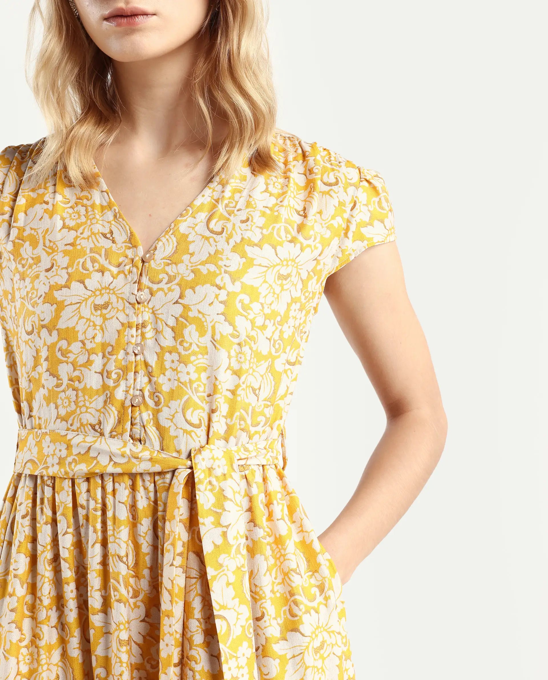 Rareism Women's Tenna Yellow Viscose Blend V-Neck Floral Print Cap Sleeve Midi Fit And Flare Dress