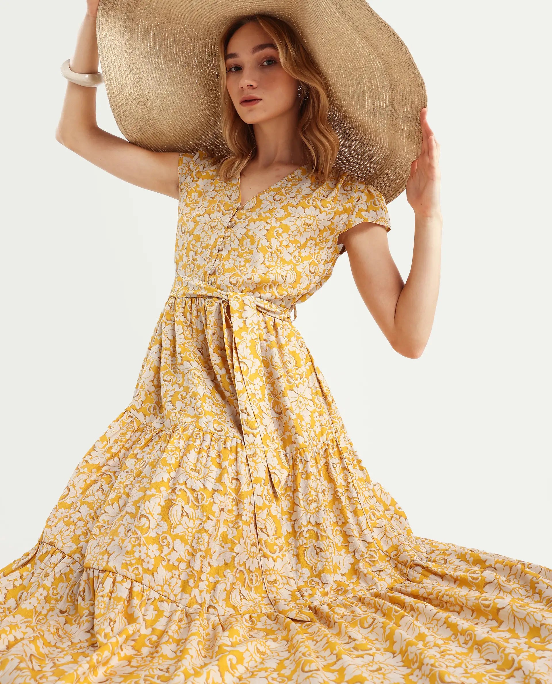 Rareism Women's Tenna Yellow Viscose Blend V-Neck Floral Print Cap Sleeve Midi Fit And Flare Dress
