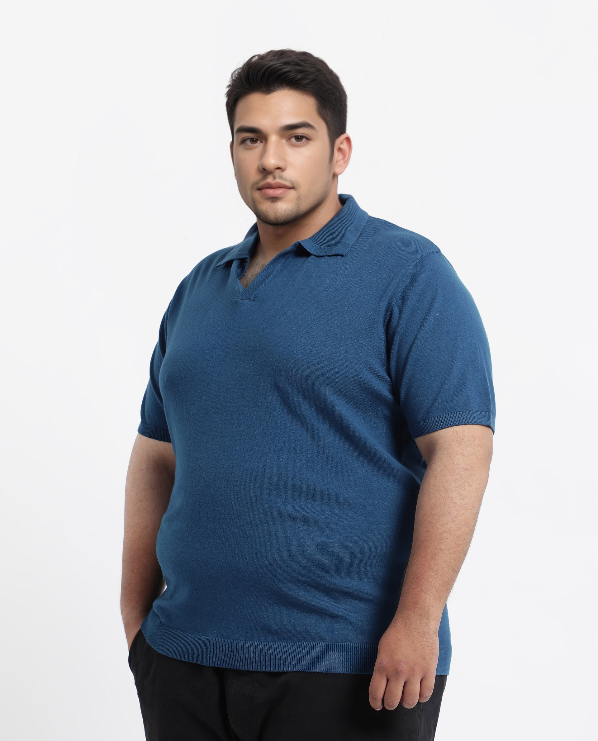 Rare Rabbit Men's Teny-L Dark Blue Cotton Blend Plain Plus Size Half Sleeve Polo