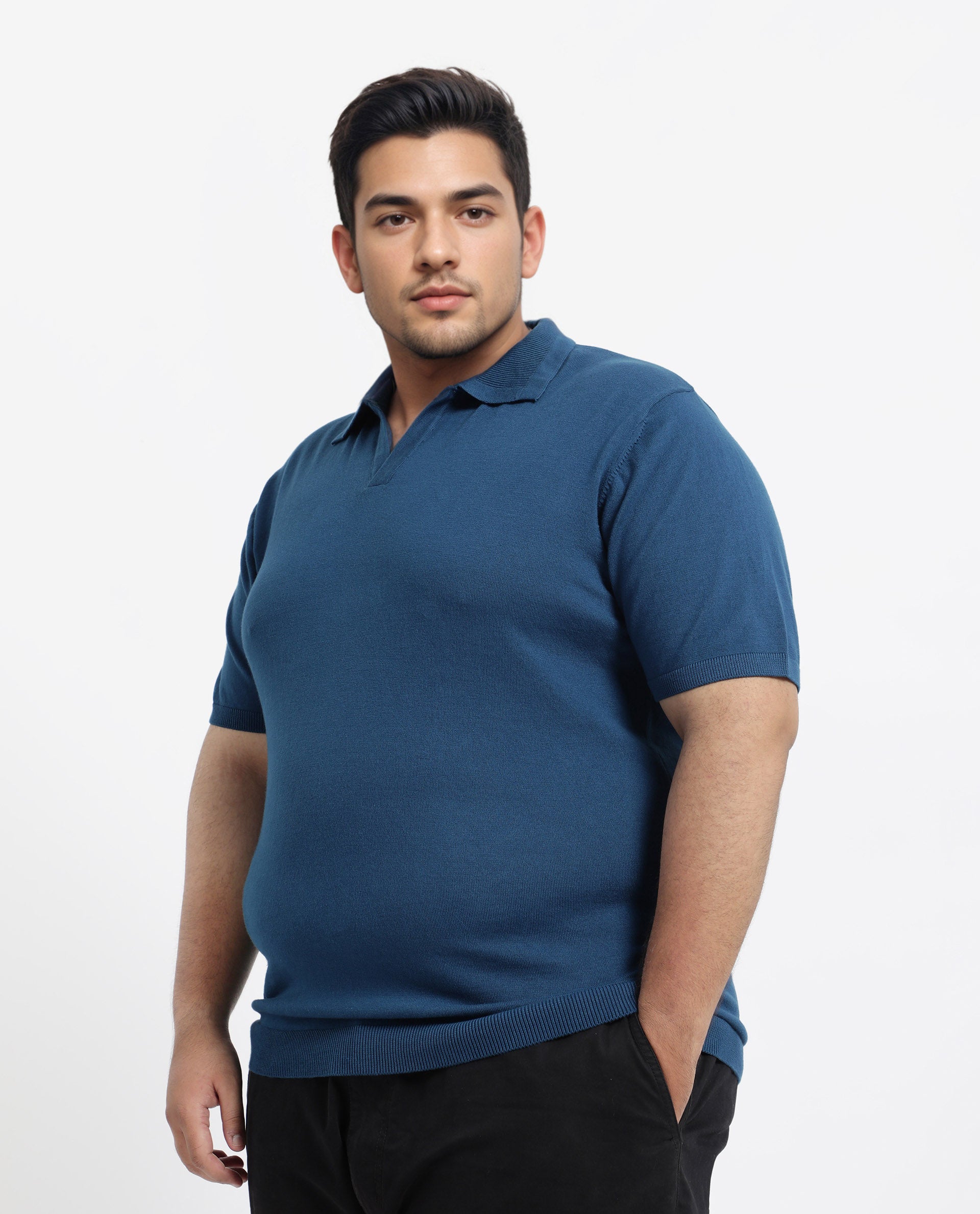 Rare Rabbit Men's Teny-L Dark Blue Cotton Blend Plain Plus Size Half Sleeve Polo