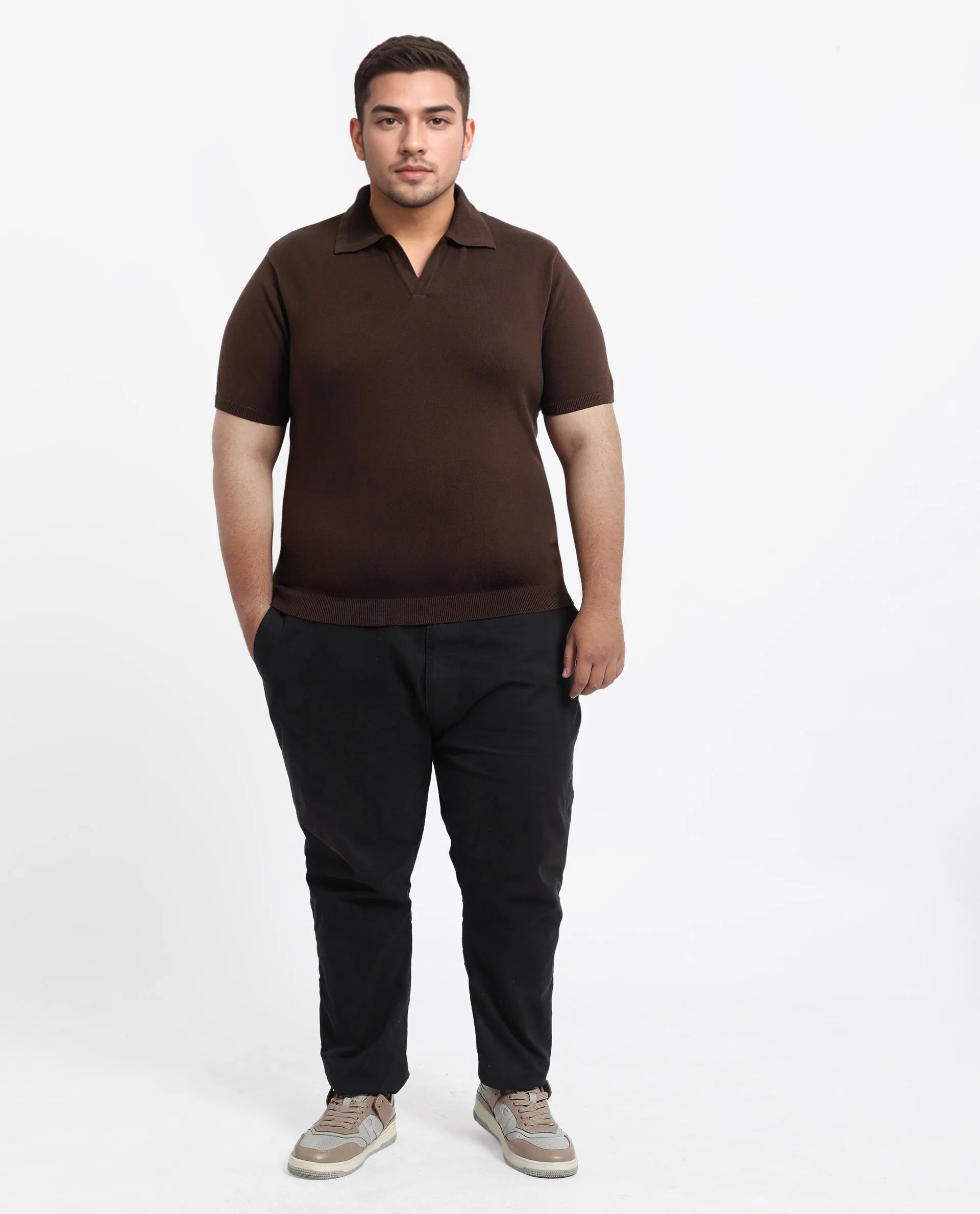 Rare Rabbit Men's Teny-L Dark Brown Cotton Blend Plain Plus Size Half Sleeve Polo