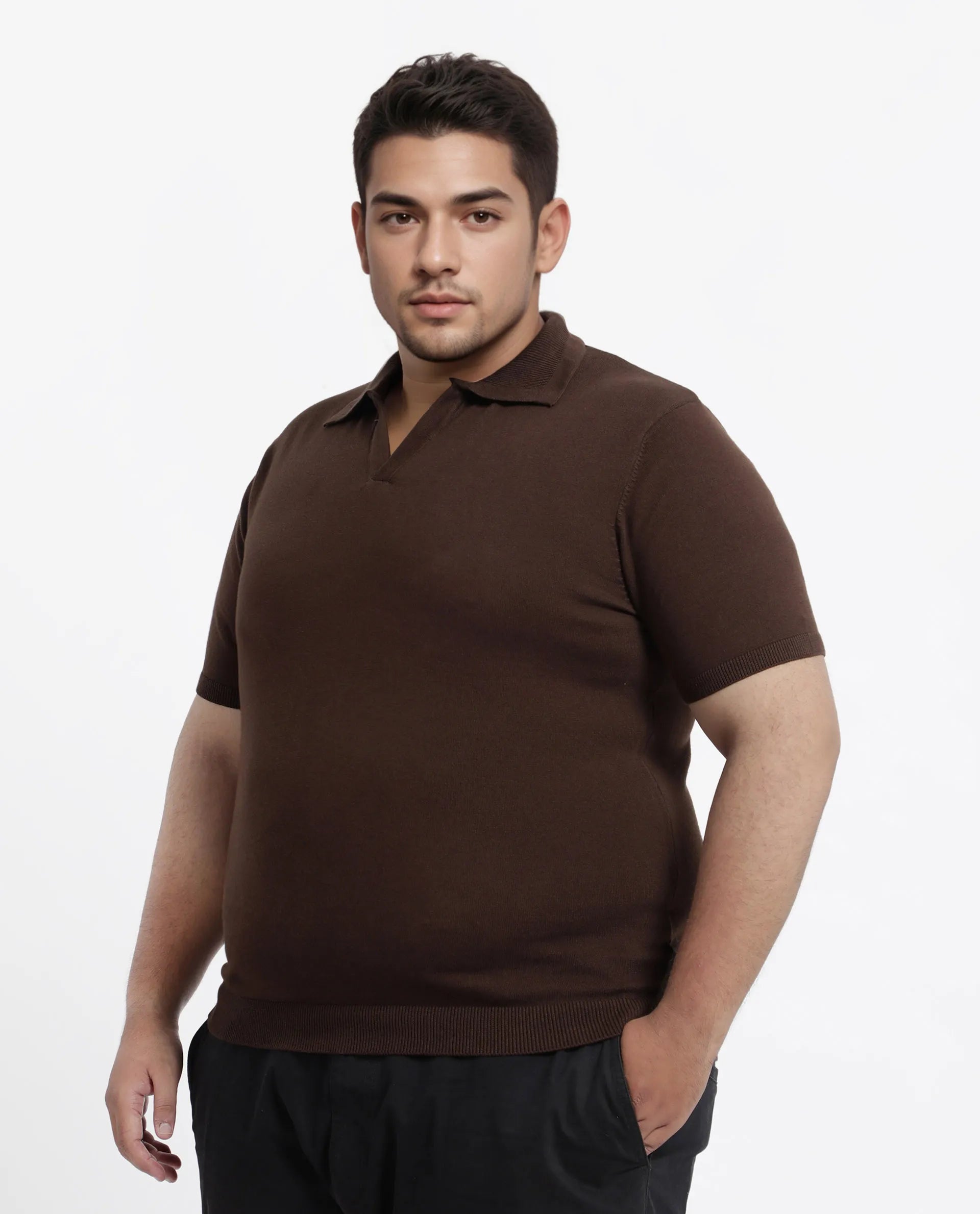Rare Rabbit Men's Teny-L Dark Brown Cotton Blend Plain Plus Size Half Sleeve Polo