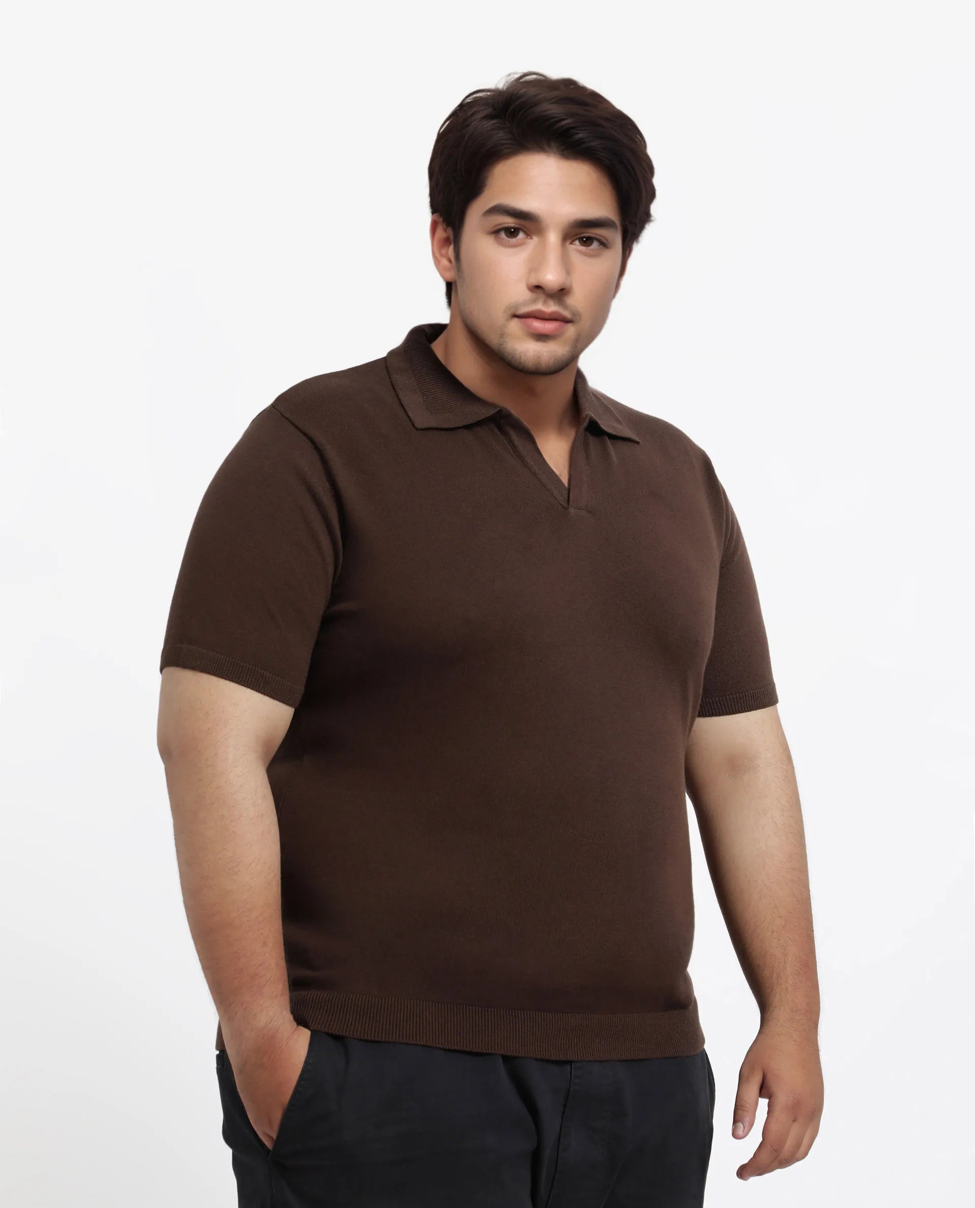 Rare Rabbit Men's Teny-L Dark Brown Cotton Blend Plain Plus Size Half Sleeve Polo