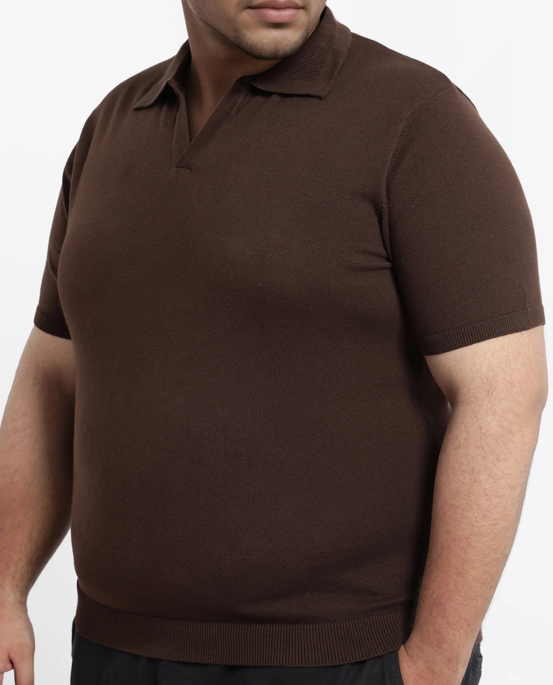 Rare Rabbit Men's Teny-L Dark Brown Cotton Blend Plain Plus Size Half Sleeve Polo
