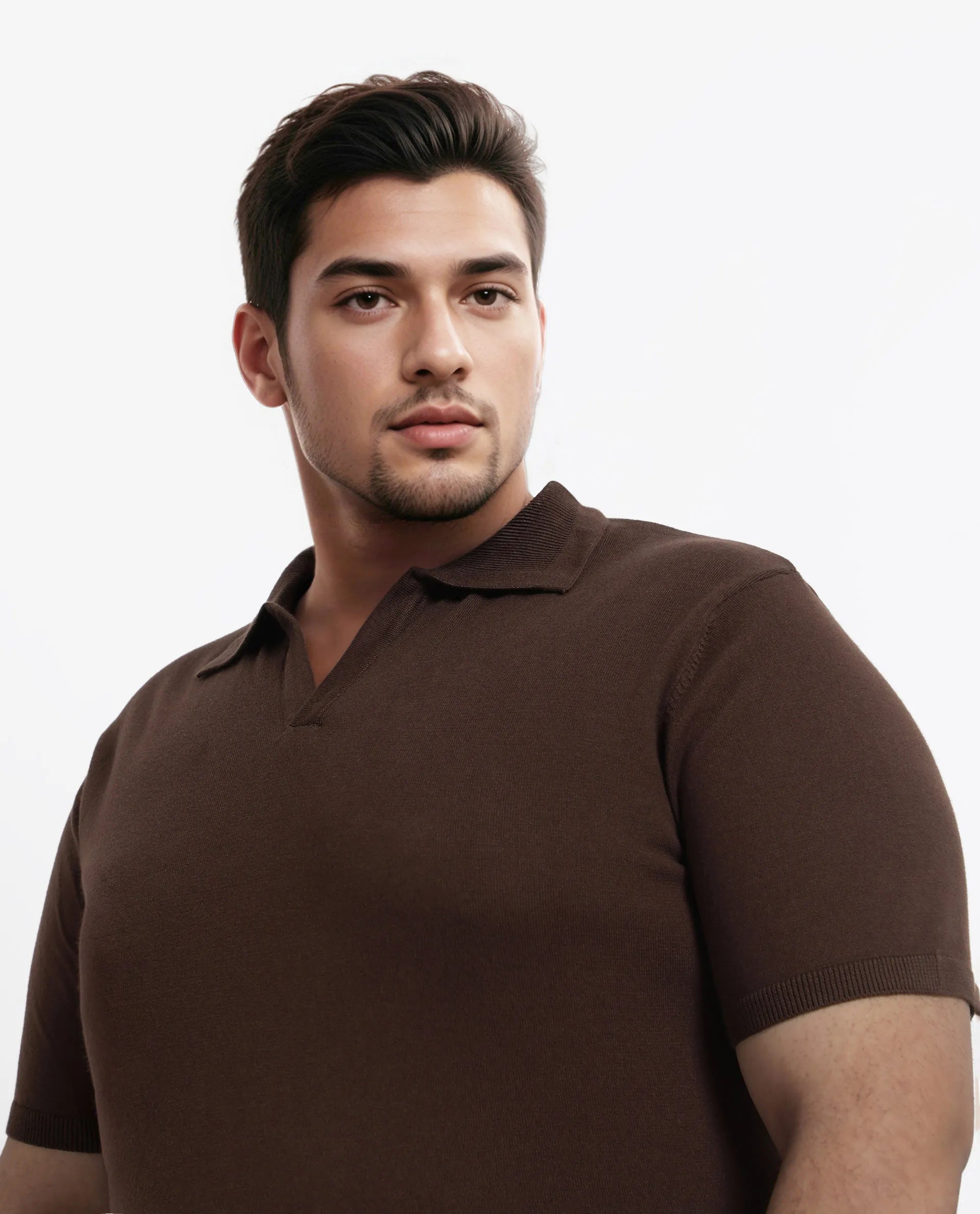 Rare Rabbit Men's Teny-L Dark Brown Cotton Blend Plain Plus Size Half Sleeve Polo