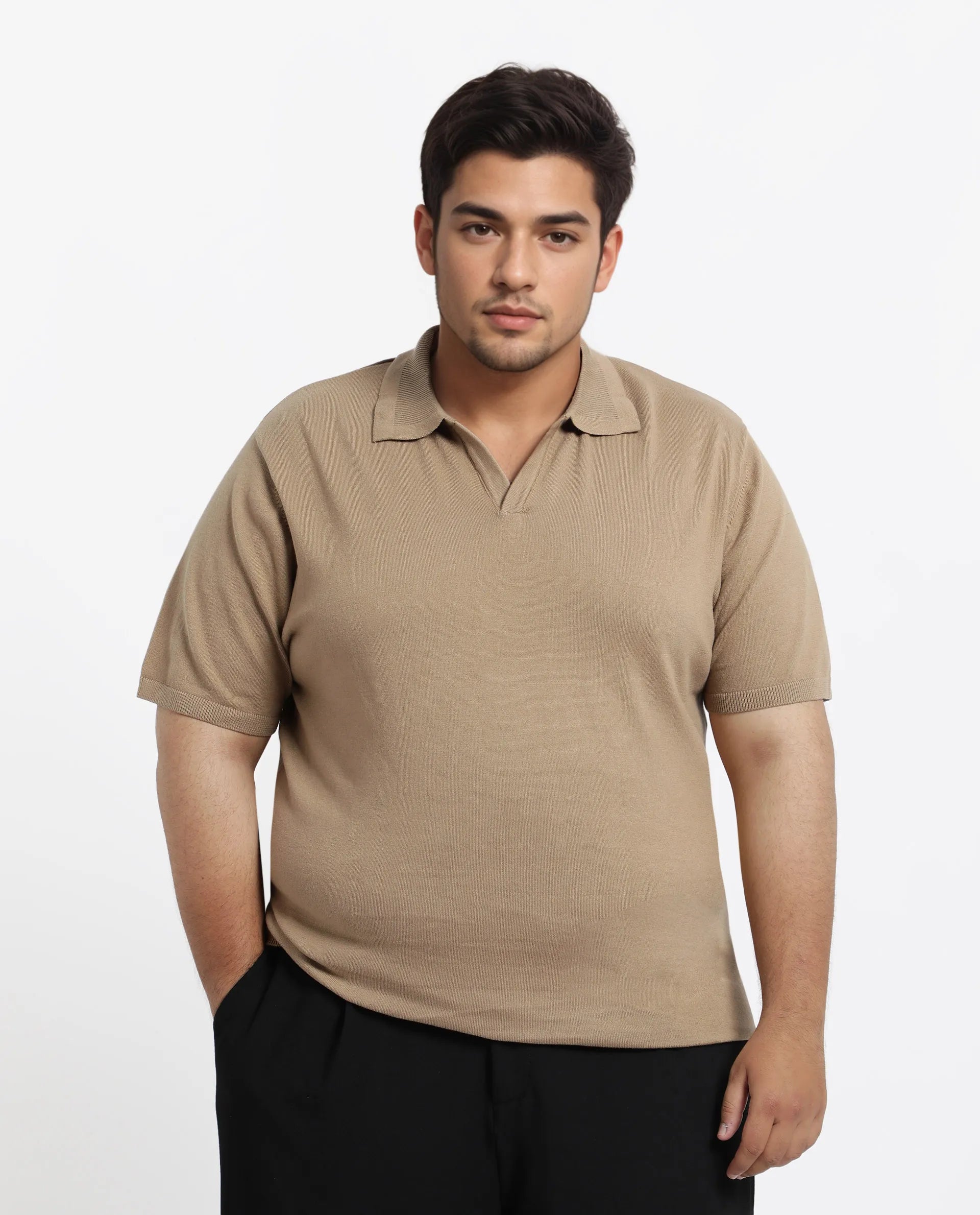 Rare Rabbit Men's Teny-L Khaki Cotton Blend Plain Plus Size Half Sleeve Polo