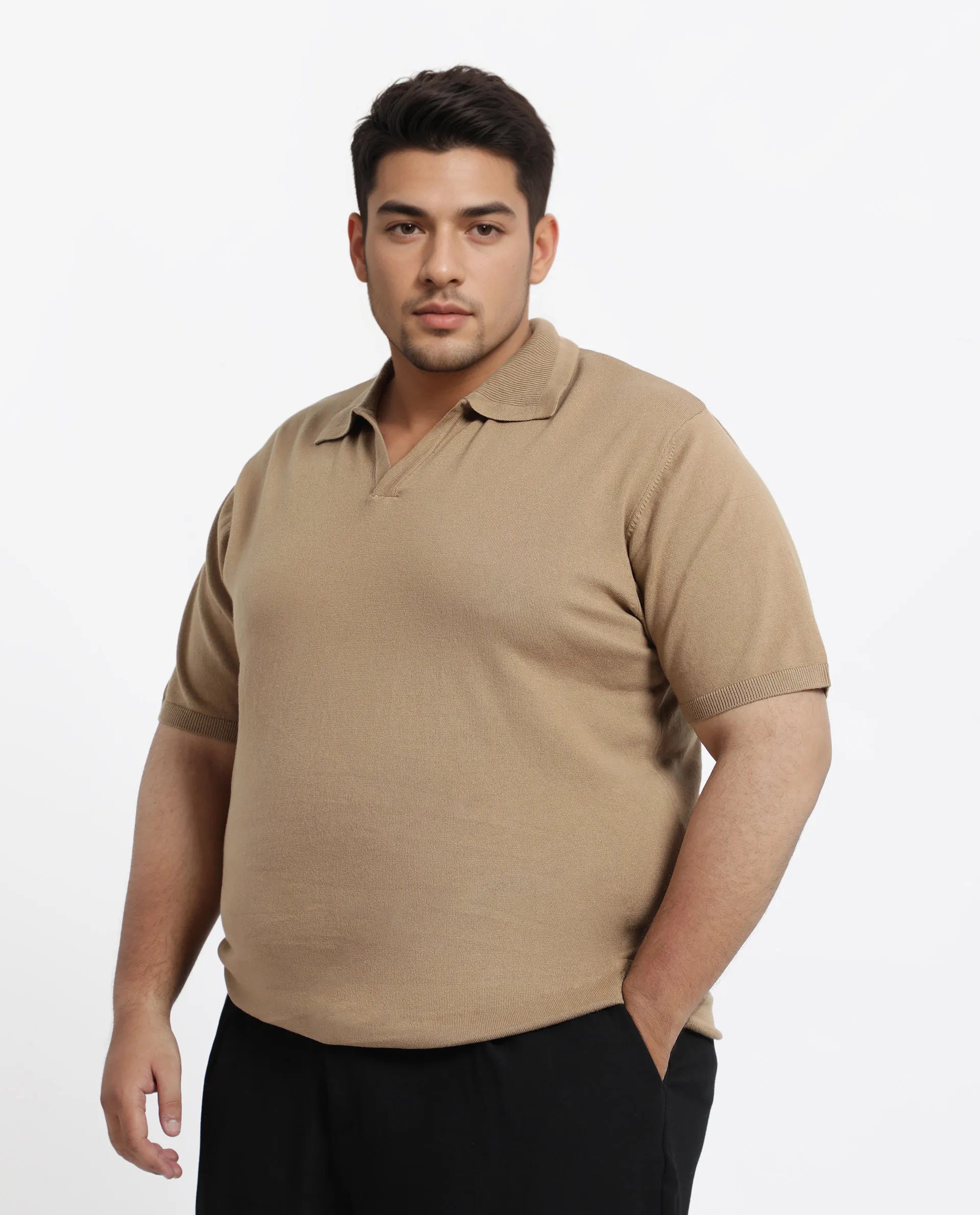 Rare Rabbit Men's Teny-L Khaki Cotton Blend Plain Plus Size Half Sleeve Polo