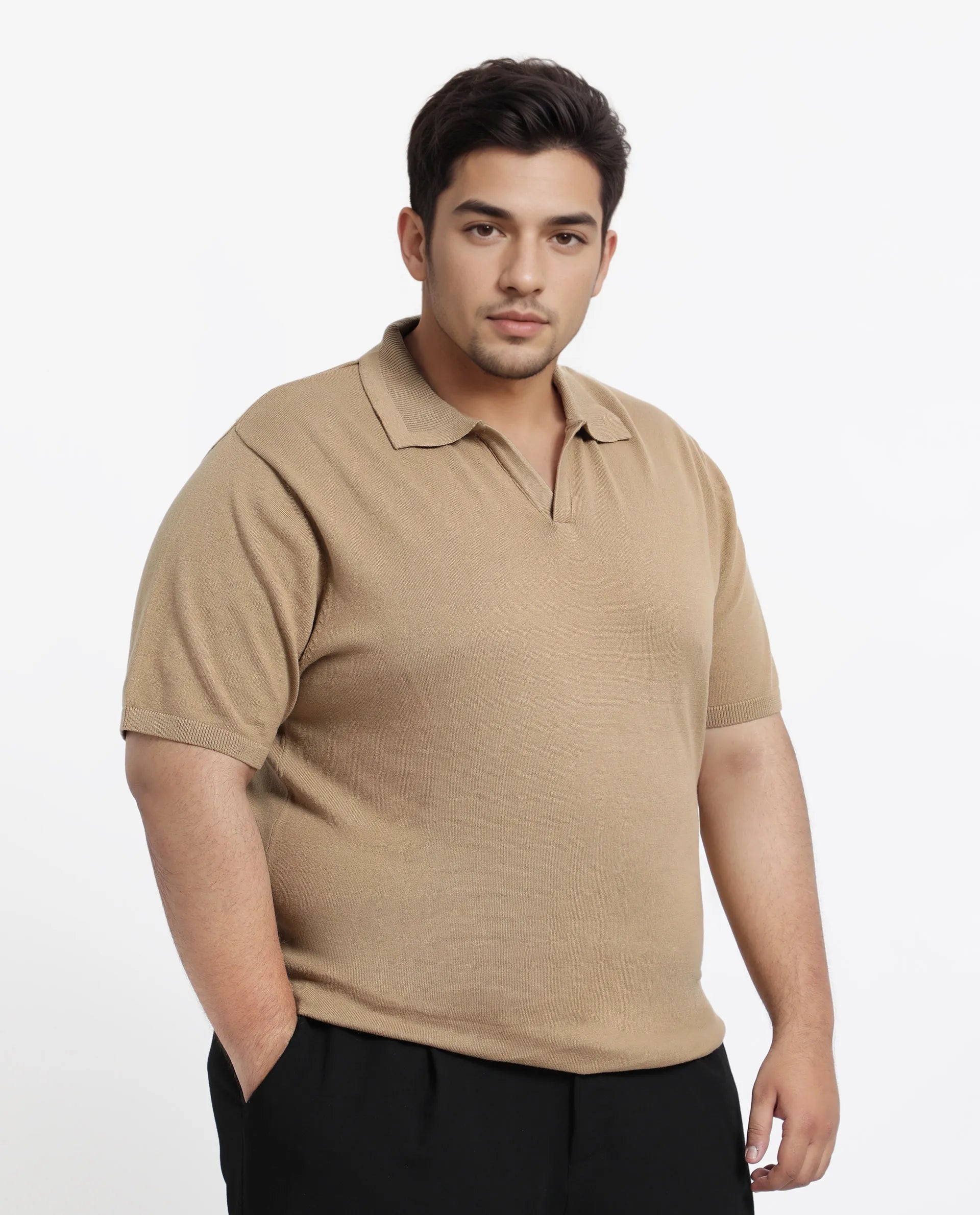 Rare Rabbit Men's Teny-L Khaki Cotton Blend Plain Plus Size Half Sleeve Polo