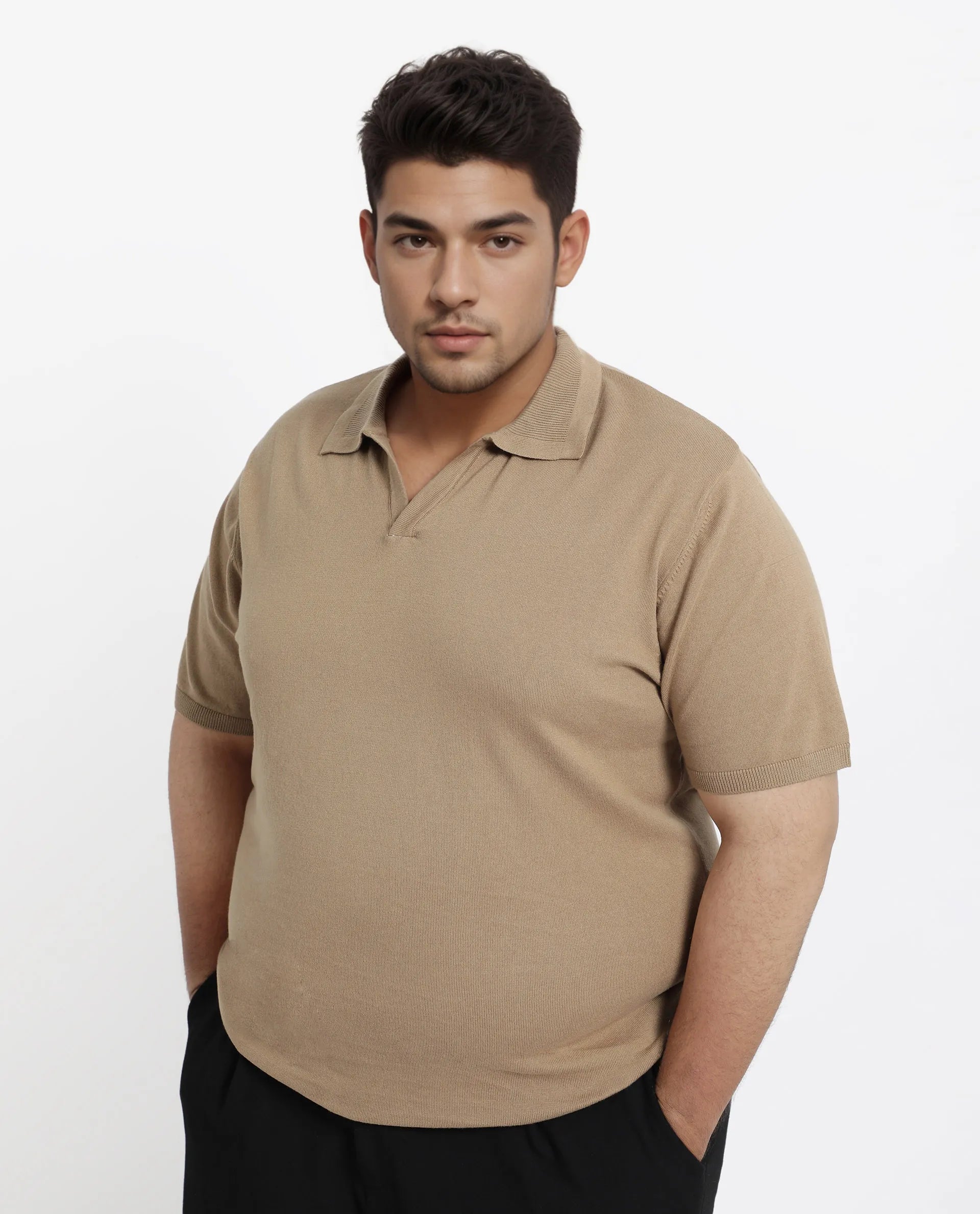 Rare Rabbit Men's Teny-L Khaki Cotton Blend Plain Plus Size Half Sleeve Polo