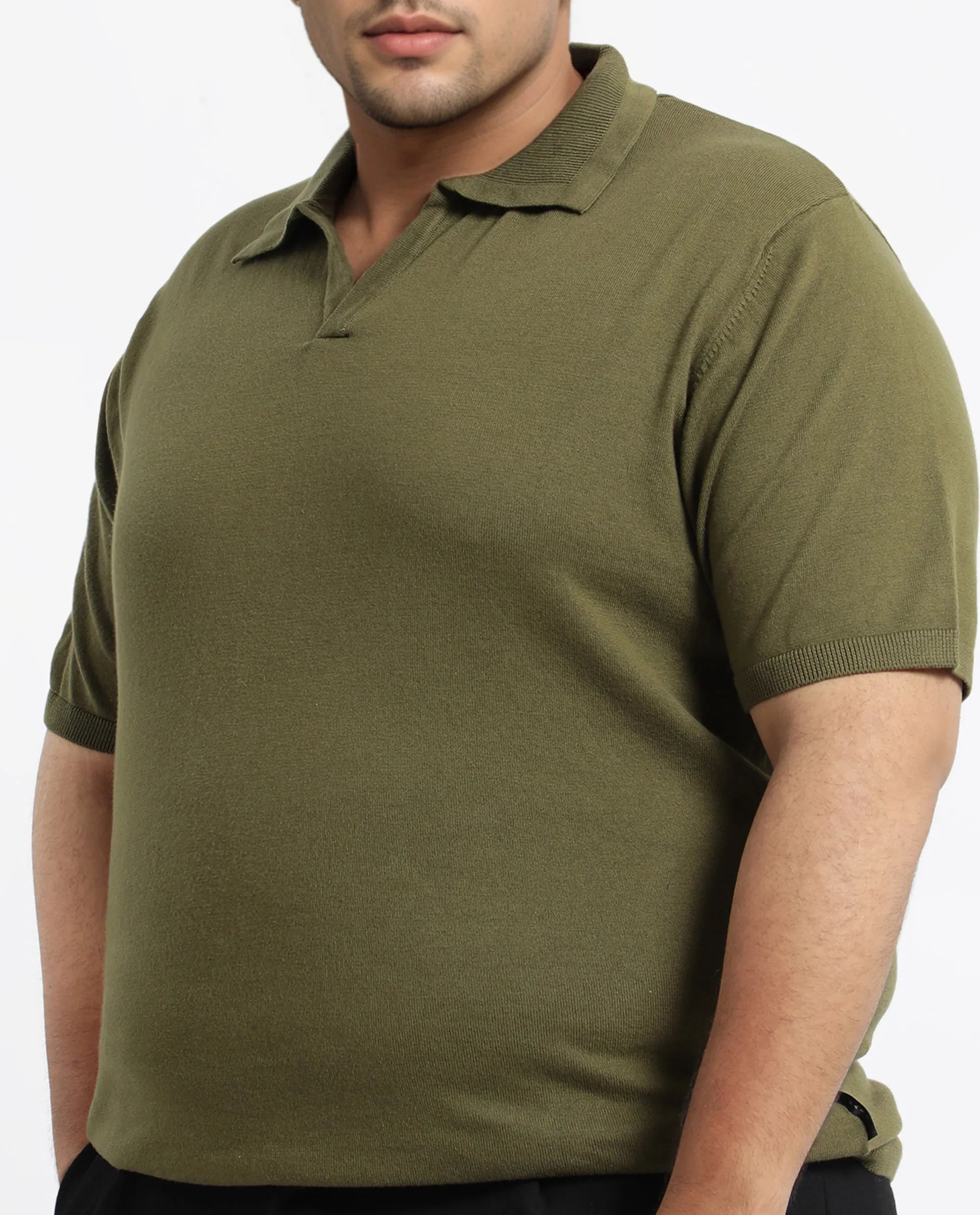 Rare Rabbit Men's Teny-L Olive Cotton Blend Plain Plus Size Half Sleeve Polo