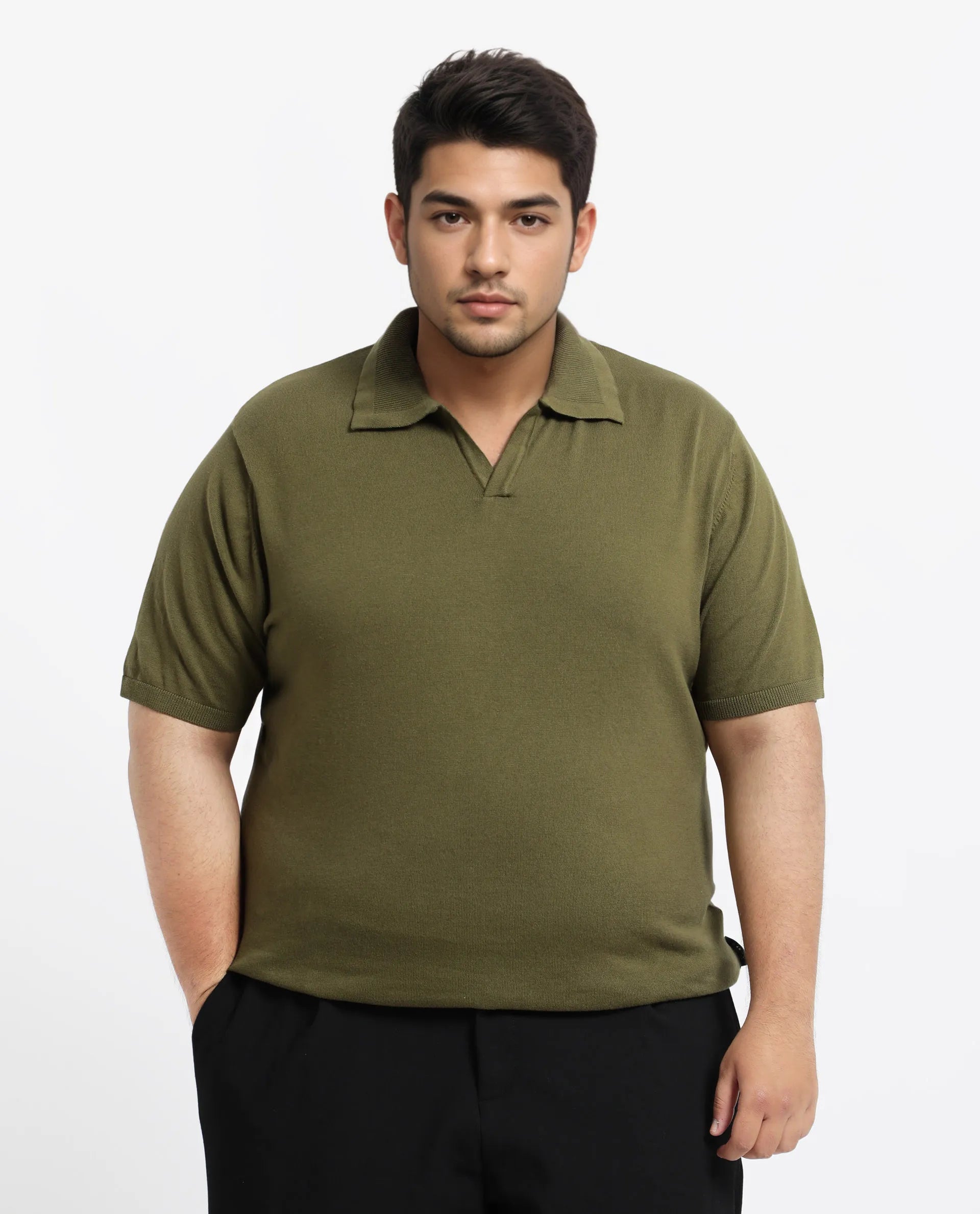 Rare Rabbit Men's Teny-L Olive Cotton Blend Plain Plus Size Half Sleeve Polo