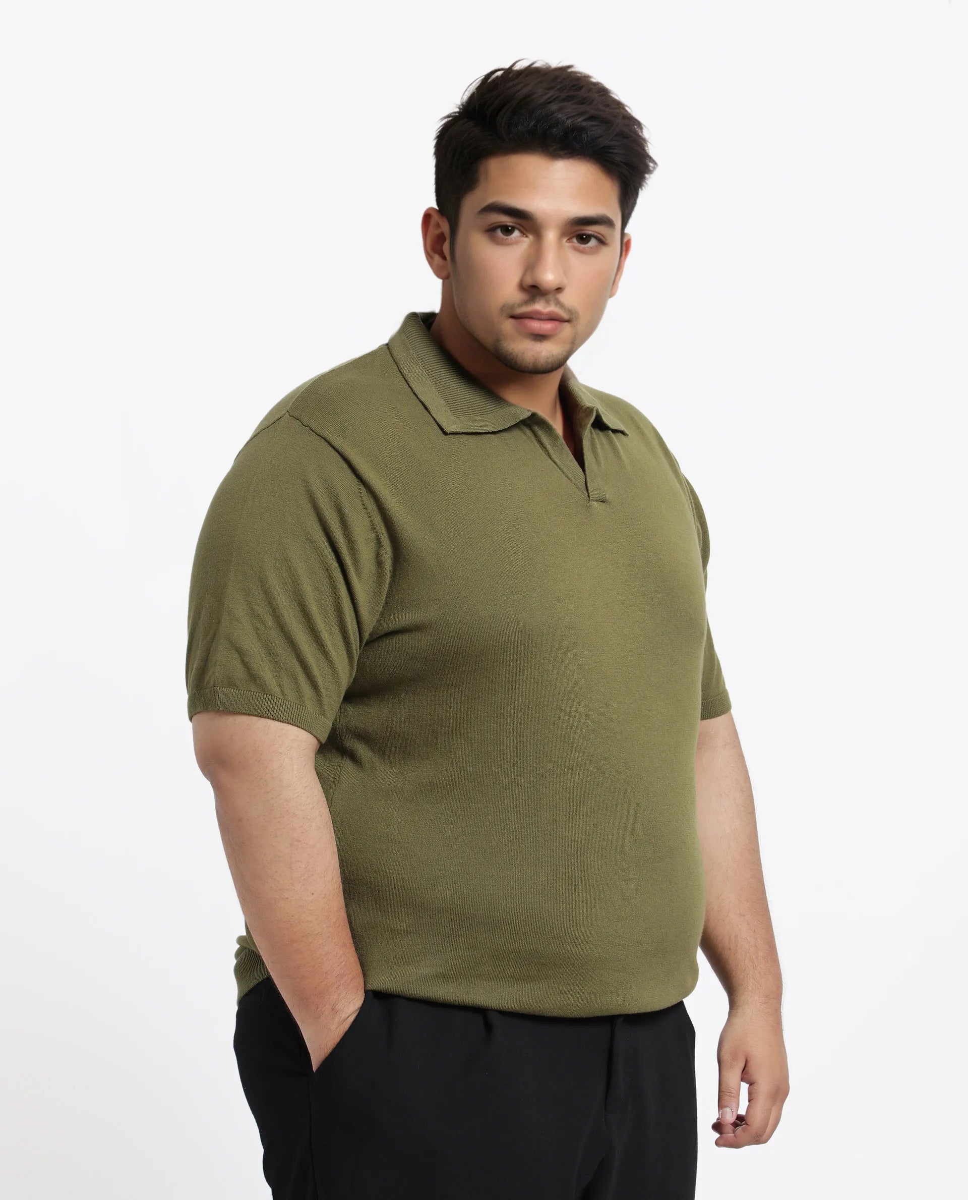 Rare Rabbit Men's Teny-L Olive Cotton Blend Plain Plus Size Half Sleeve Polo