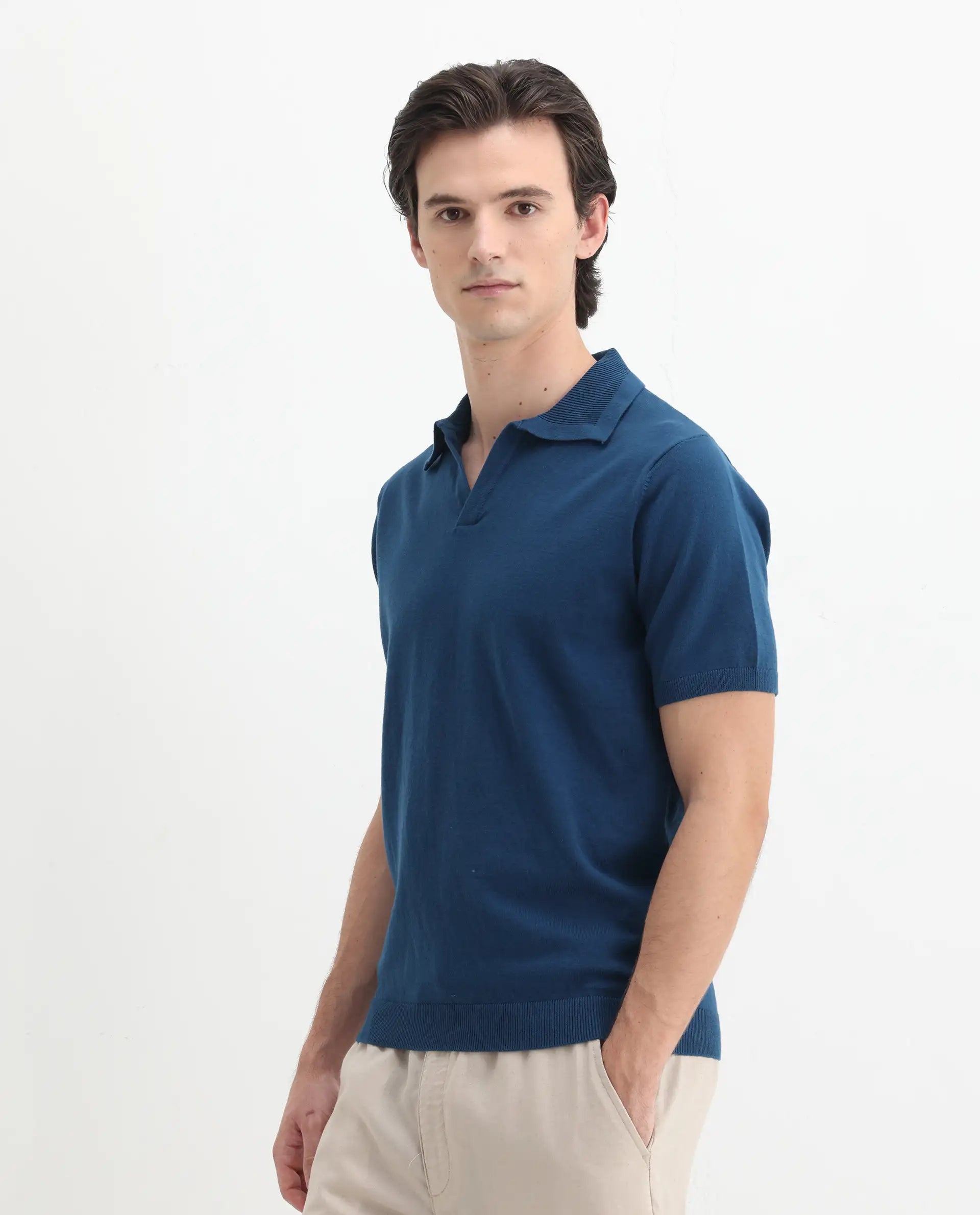 Rare Rabbit Men's Teny Dark Blue Cotton Blend Plain Regular Fit Half Sleeve Polo