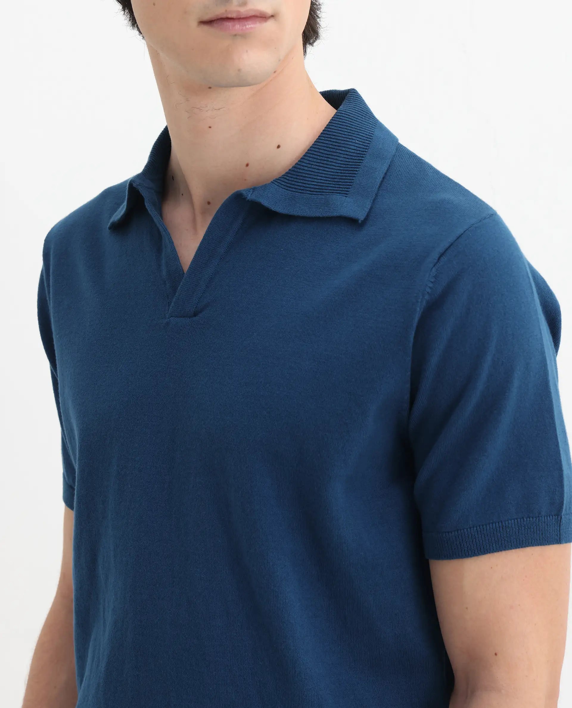 Rare Rabbit Men's Teny Dark Blue Cotton Blend Plain Regular Fit Half Sleeve Polo