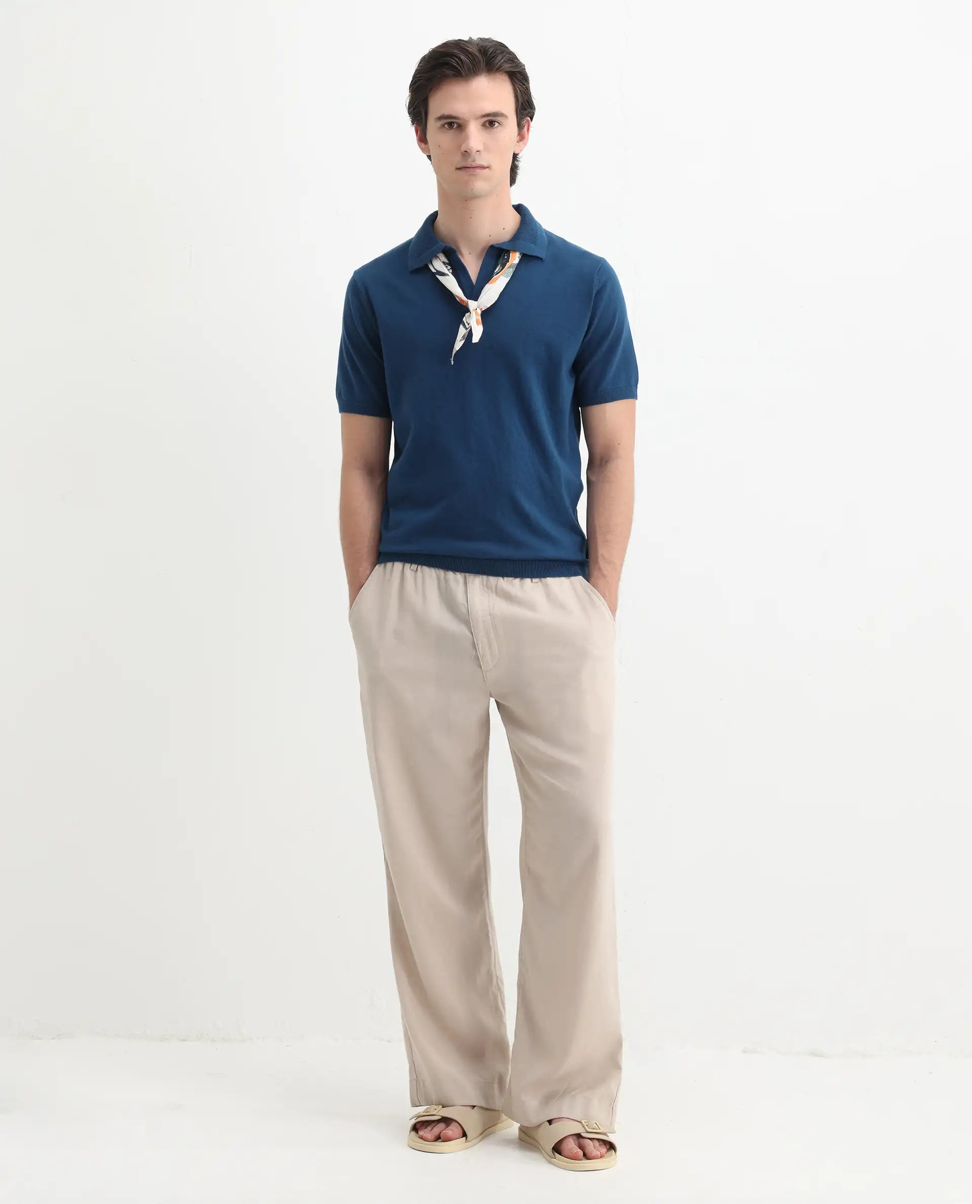 Rare Rabbit Men's Teny Dark Blue Cotton Blend Plain Regular Fit Half Sleeve Polo