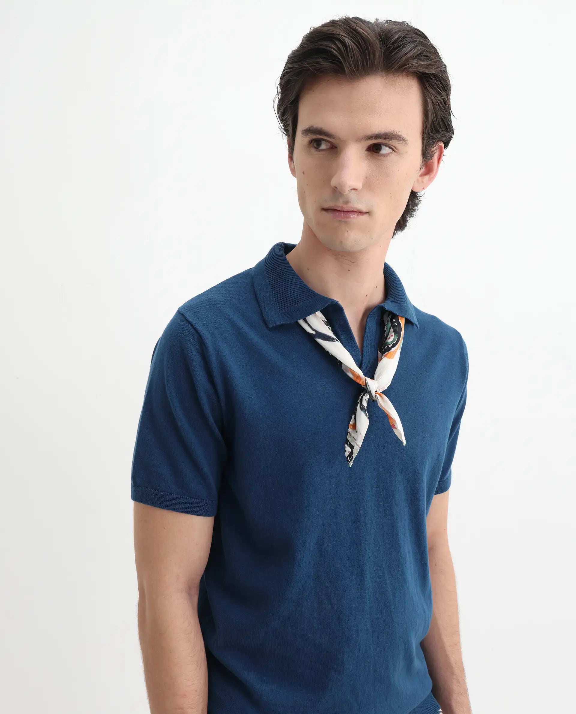 Rare Rabbit Men's Teny Dark Blue Cotton Blend Plain Regular Fit Half Sleeve Polo