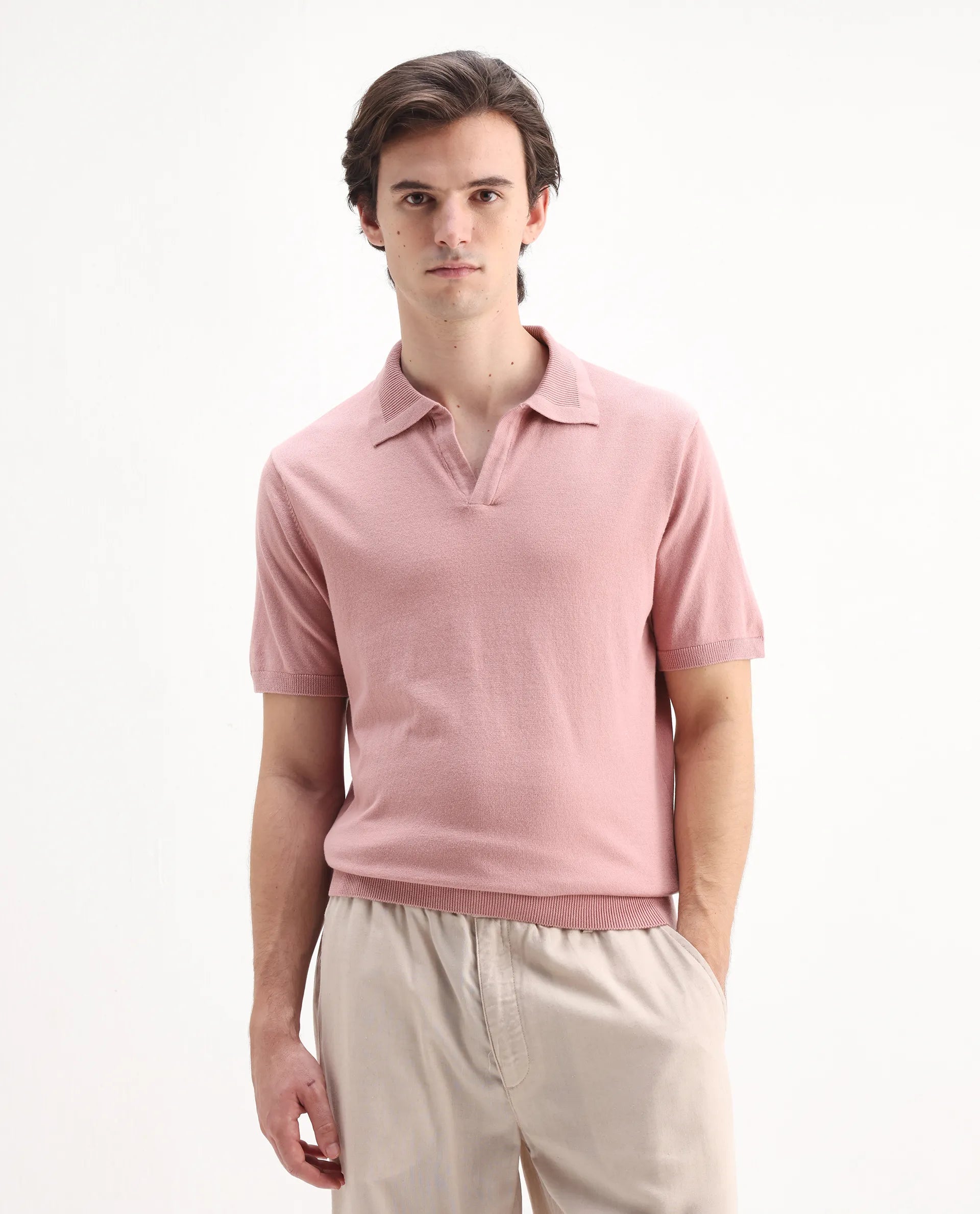 Rare Rabbit Men's Teny Dusky Pink Cotton Blend Plain Regular Fit Half Sleeve Polo