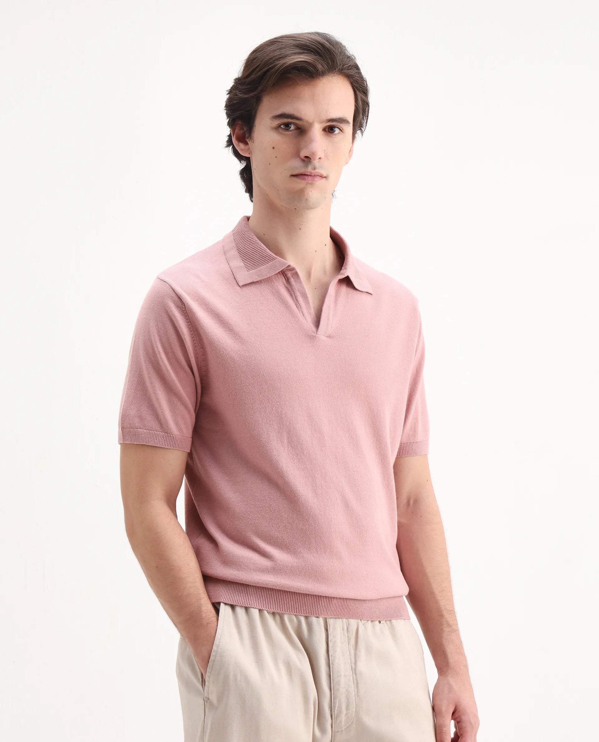 Rare Rabbit Men's Teny Dusky Pink Cotton Blend Plain Regular Fit Half Sleeve Polo