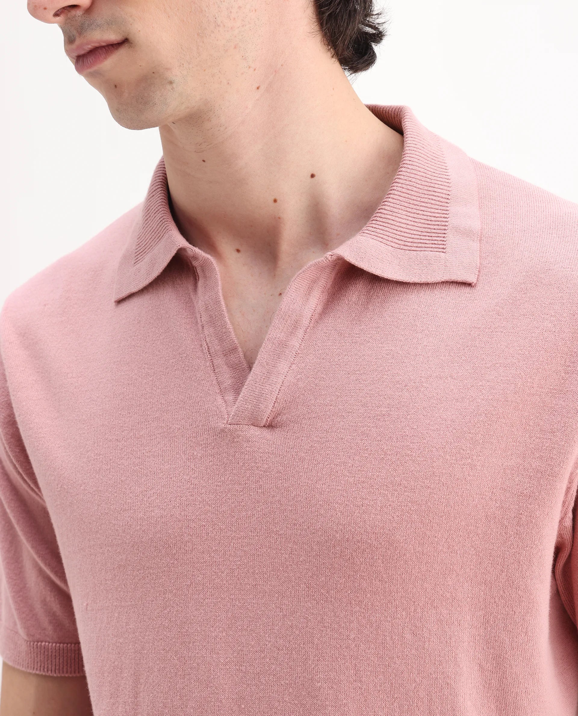 Rare Rabbit Men's Teny Dusky Pink Cotton Blend Plain Regular Fit Half Sleeve Polo