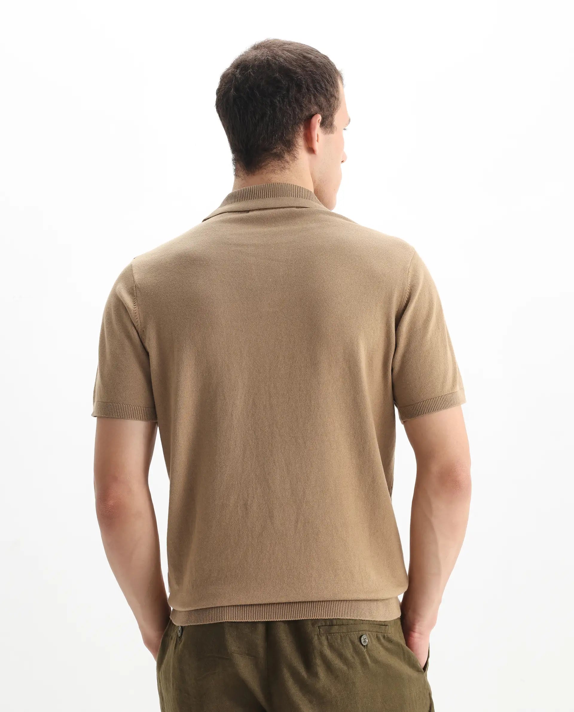 Rare Rabbit Men's Teny Khaki Cotton Blend Plain Regular Fit Half Sleeve Polo