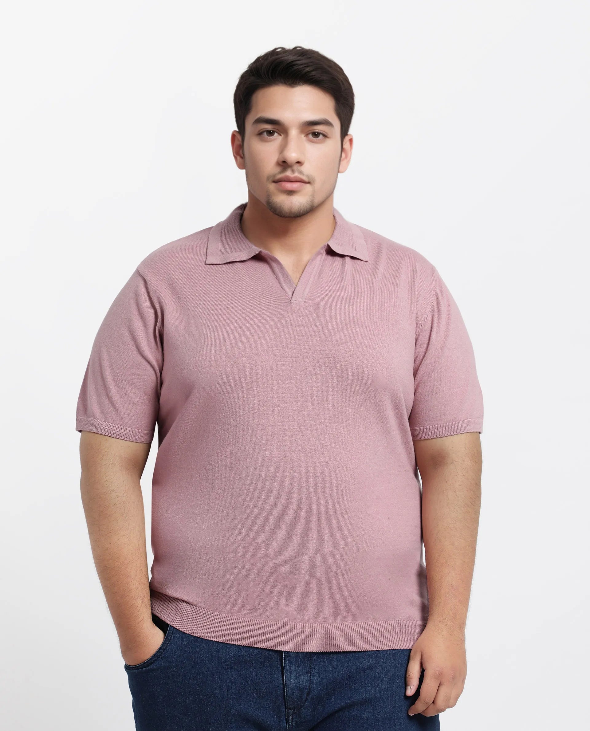 Rare Rabbit Men's Teny-L Dusky Pink Cotton Blend Plain Plus Size Half Sleeve Polo
