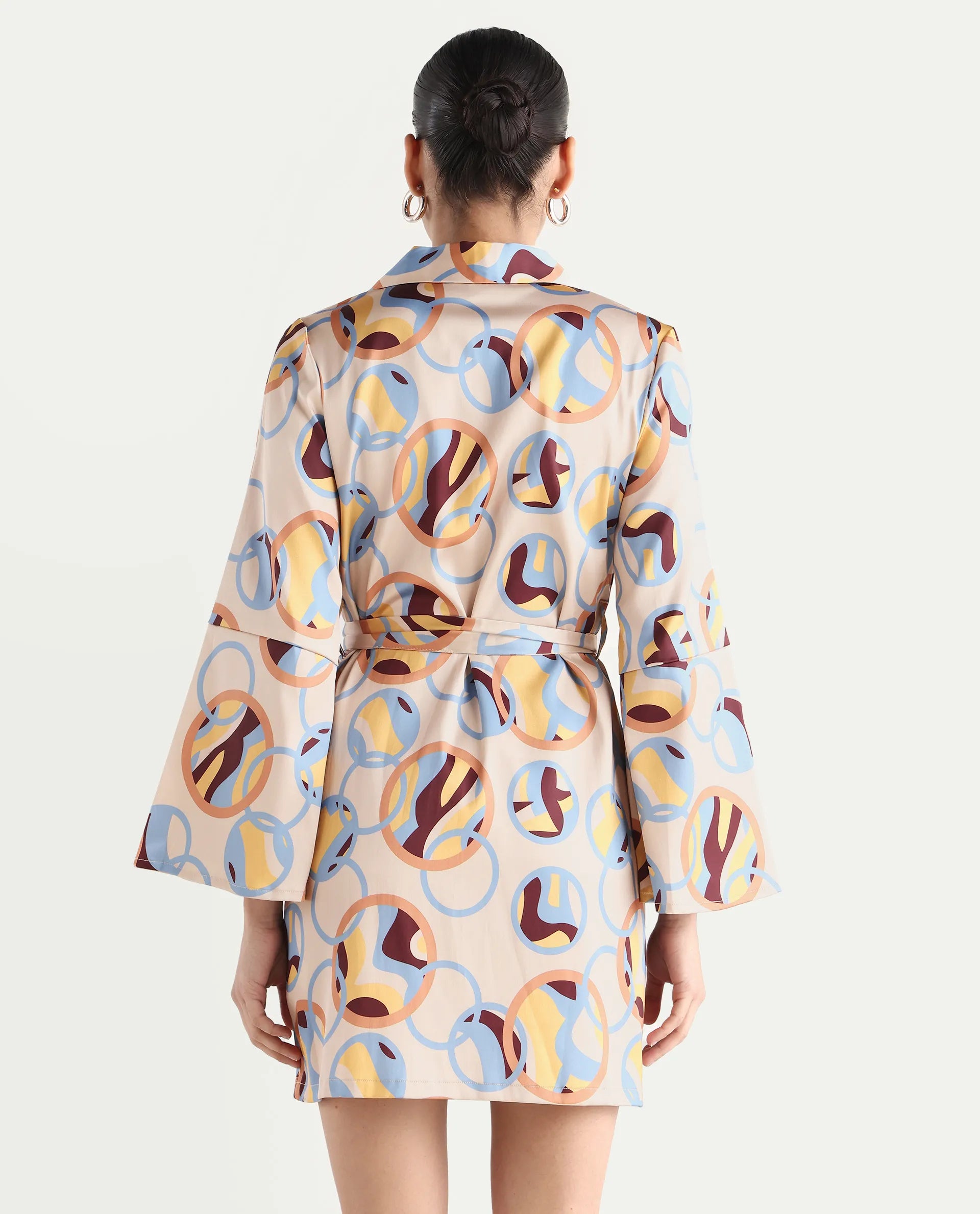 Rareism Women's Tepec Light Multi Satin Lapel Neck Abstract Print Bell Sleeve Mini Regular Fit Dress