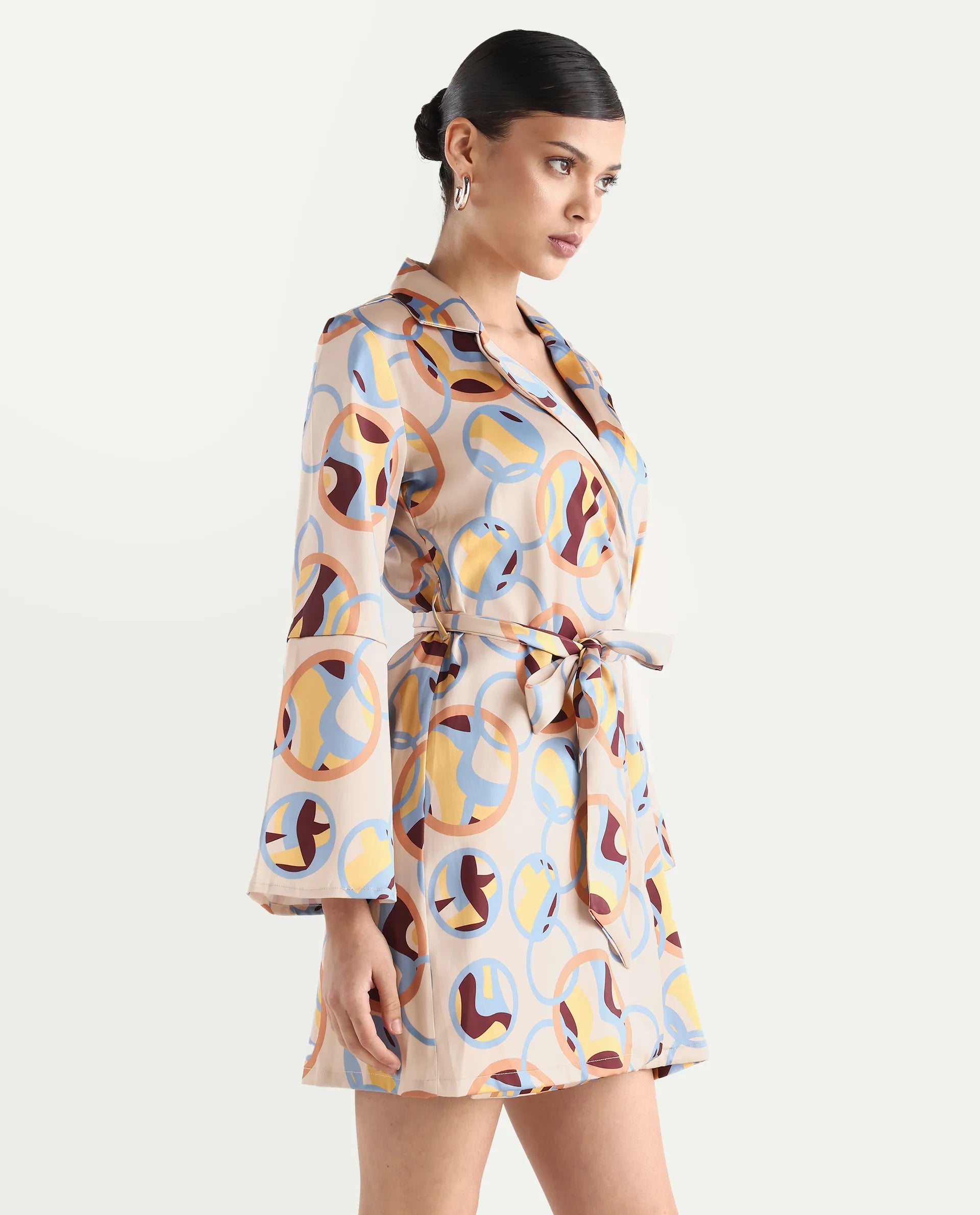 Rareism Women's Tepec Light Multi Satin Lapel Neck Abstract Print Bell Sleeve Mini Regular Fit Dress