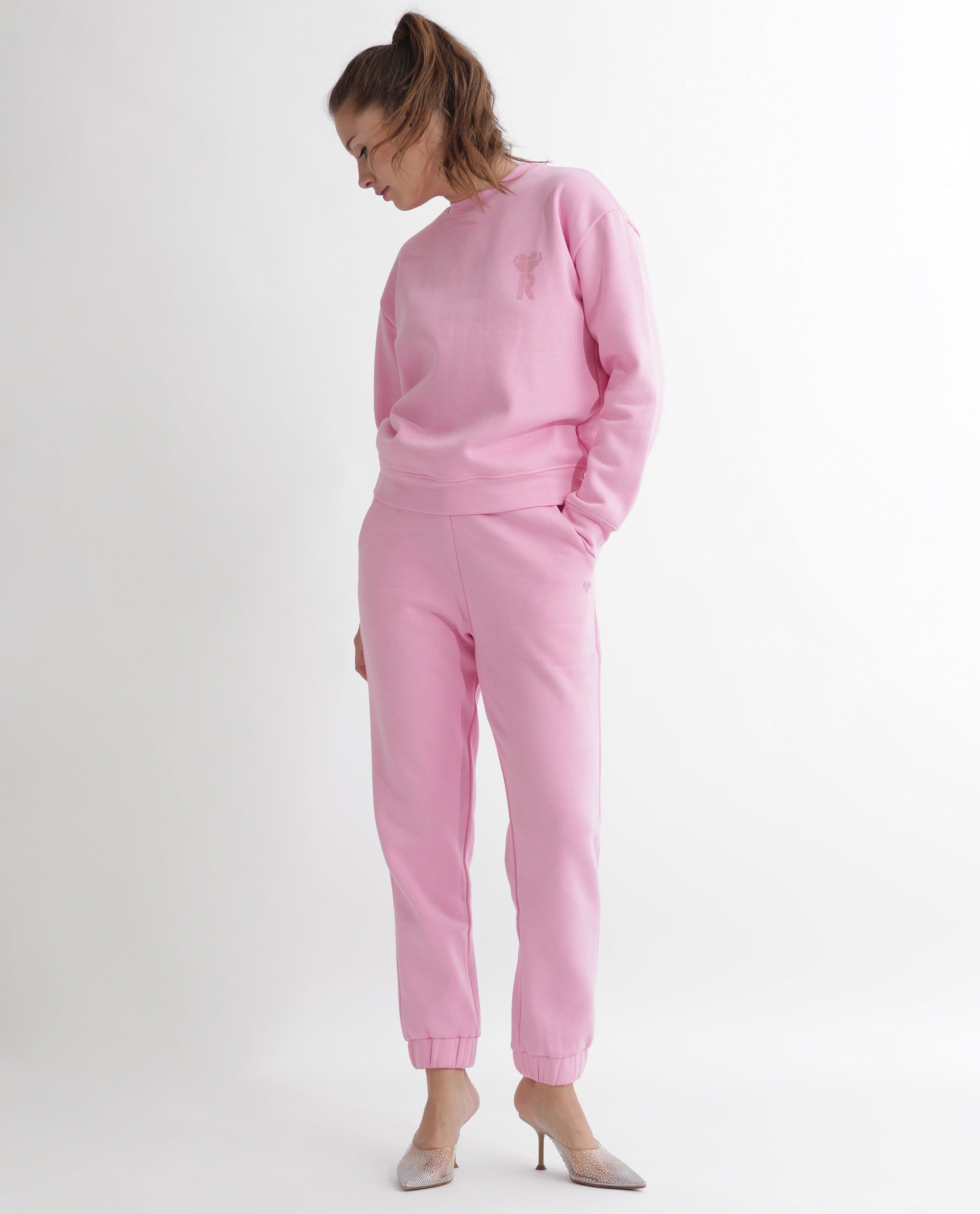 Rareism Women Terac F Light Pink Poly Cotton Fabric Regular Fit Solid Mid Rise Ankle Length Track Pant