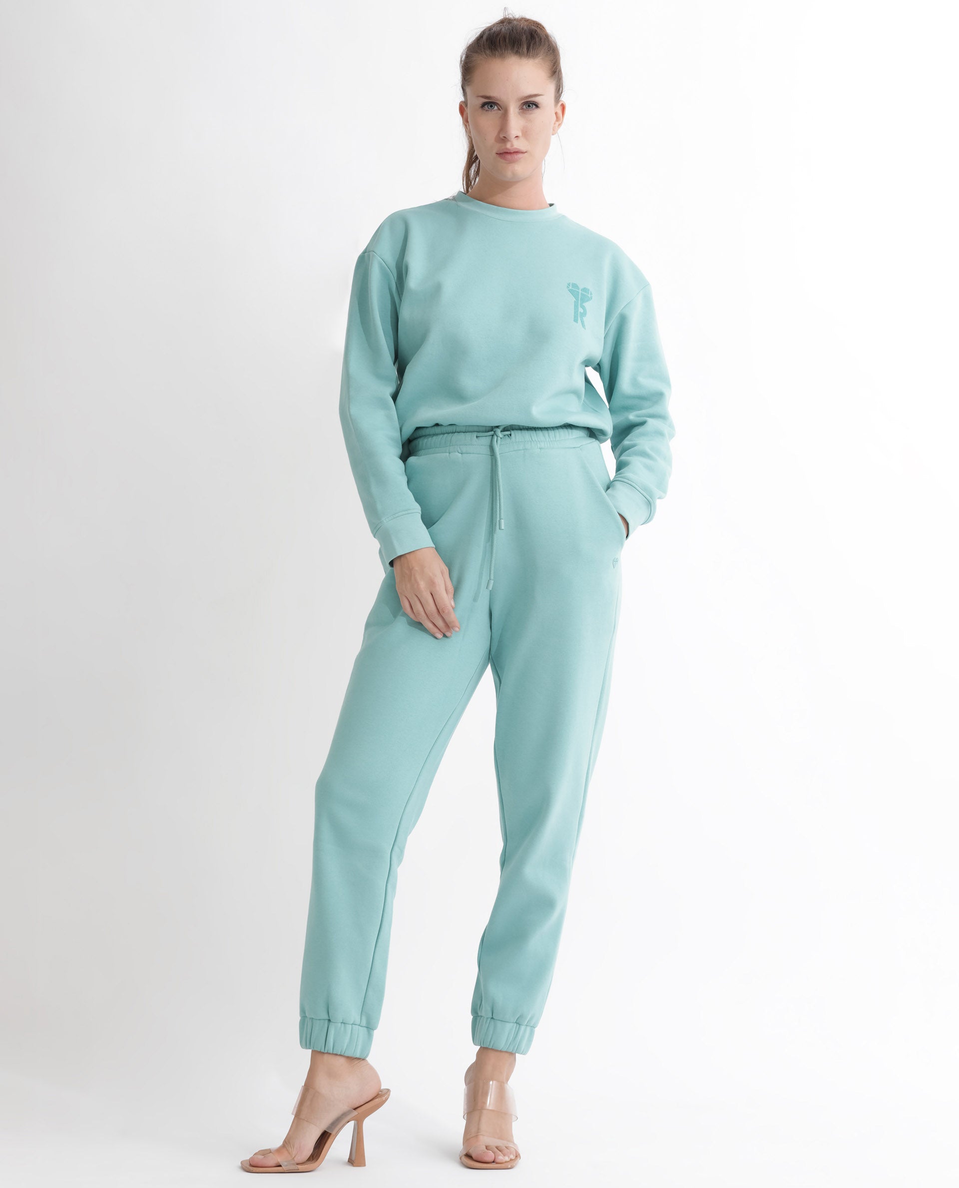 Rareism Articale Women Terac F Light Turq Poly Cotton Fabric Drawstring Closure Regular Fit Plain Ankle Length Track Pant