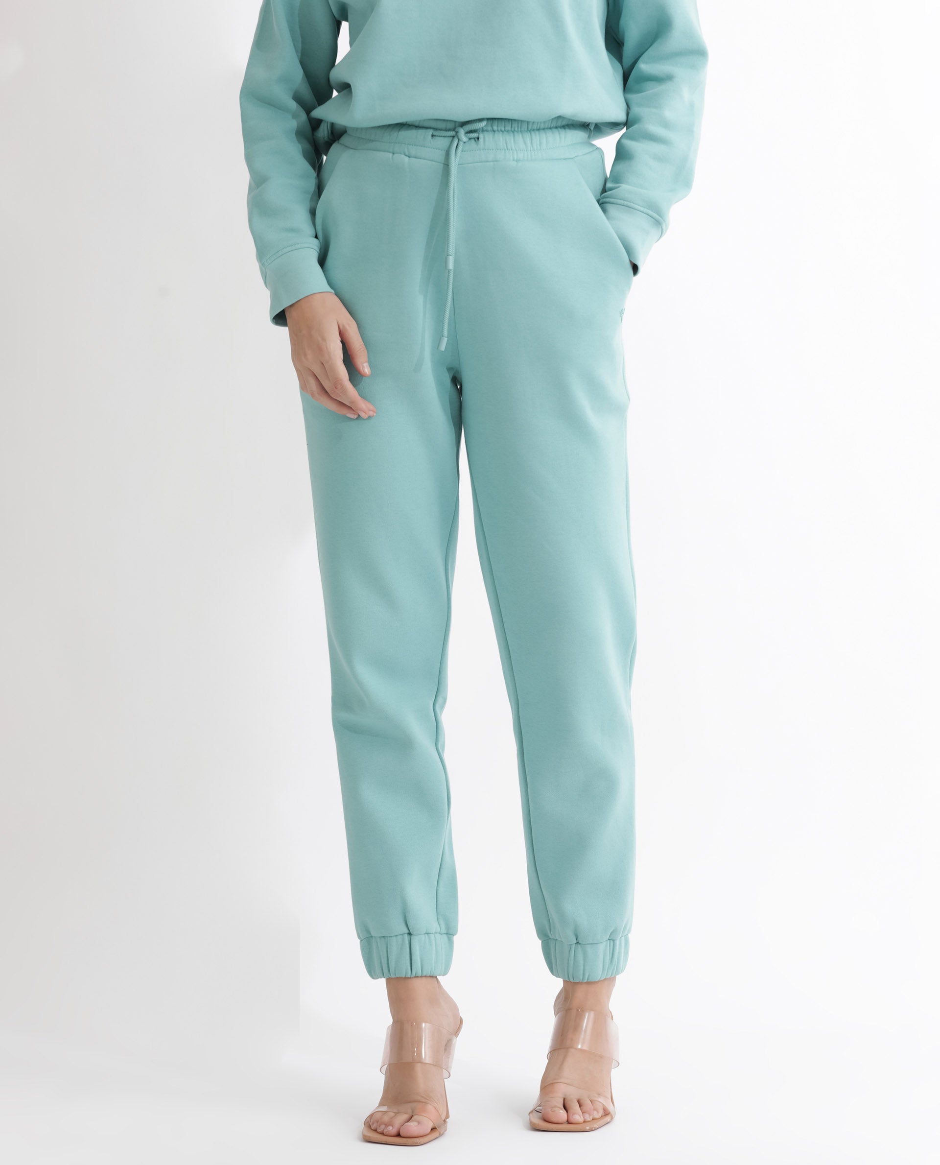 Rareism Articale Women Terac F Light Turq Poly Cotton Fabric Drawstring Closure Regular Fit Plain Ankle Length Track Pant