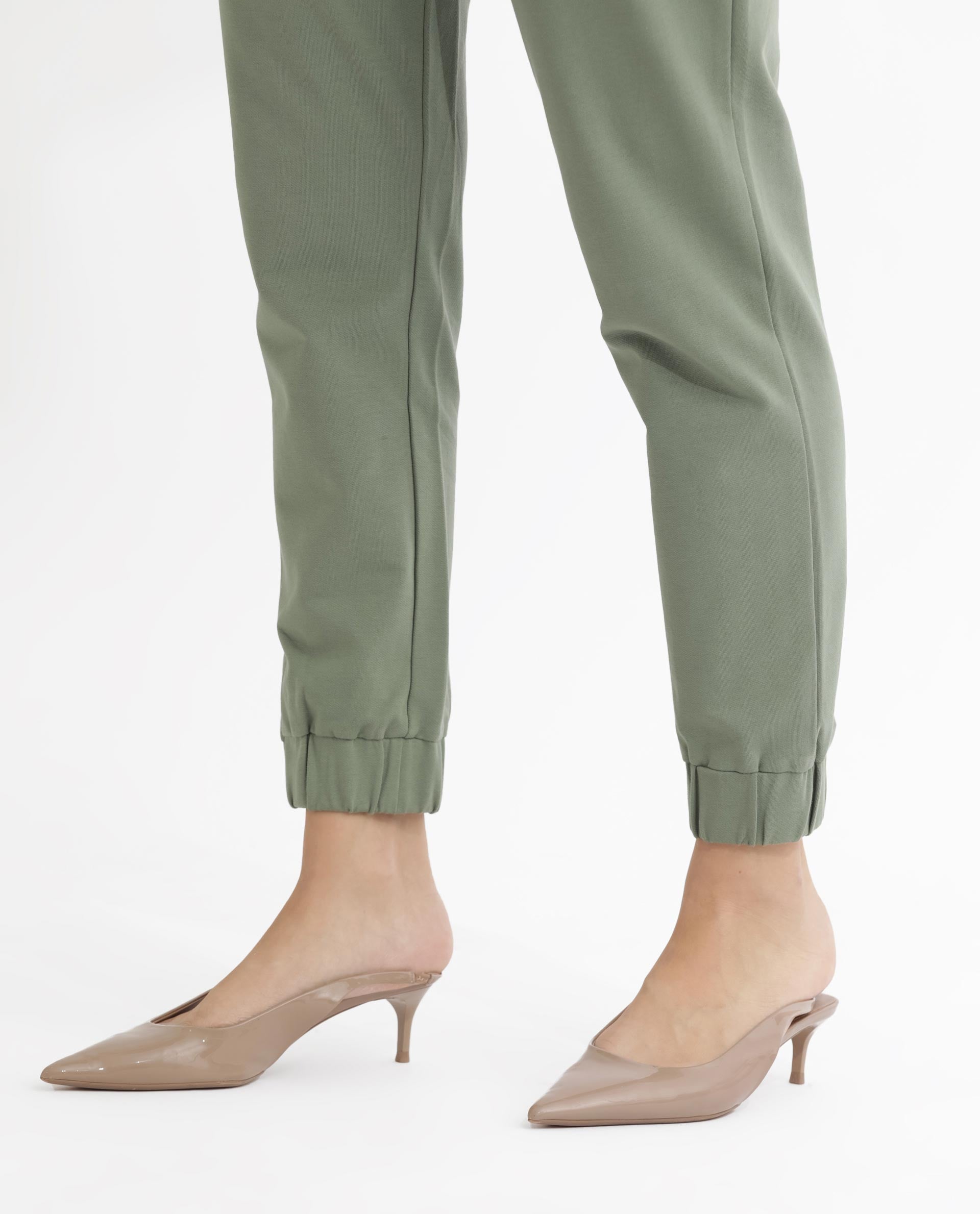 Rareism Women Terac Dusky Green Cotton Lycra Fabric Regular Fit Solid Mid Rise Ankle Length Track Pant