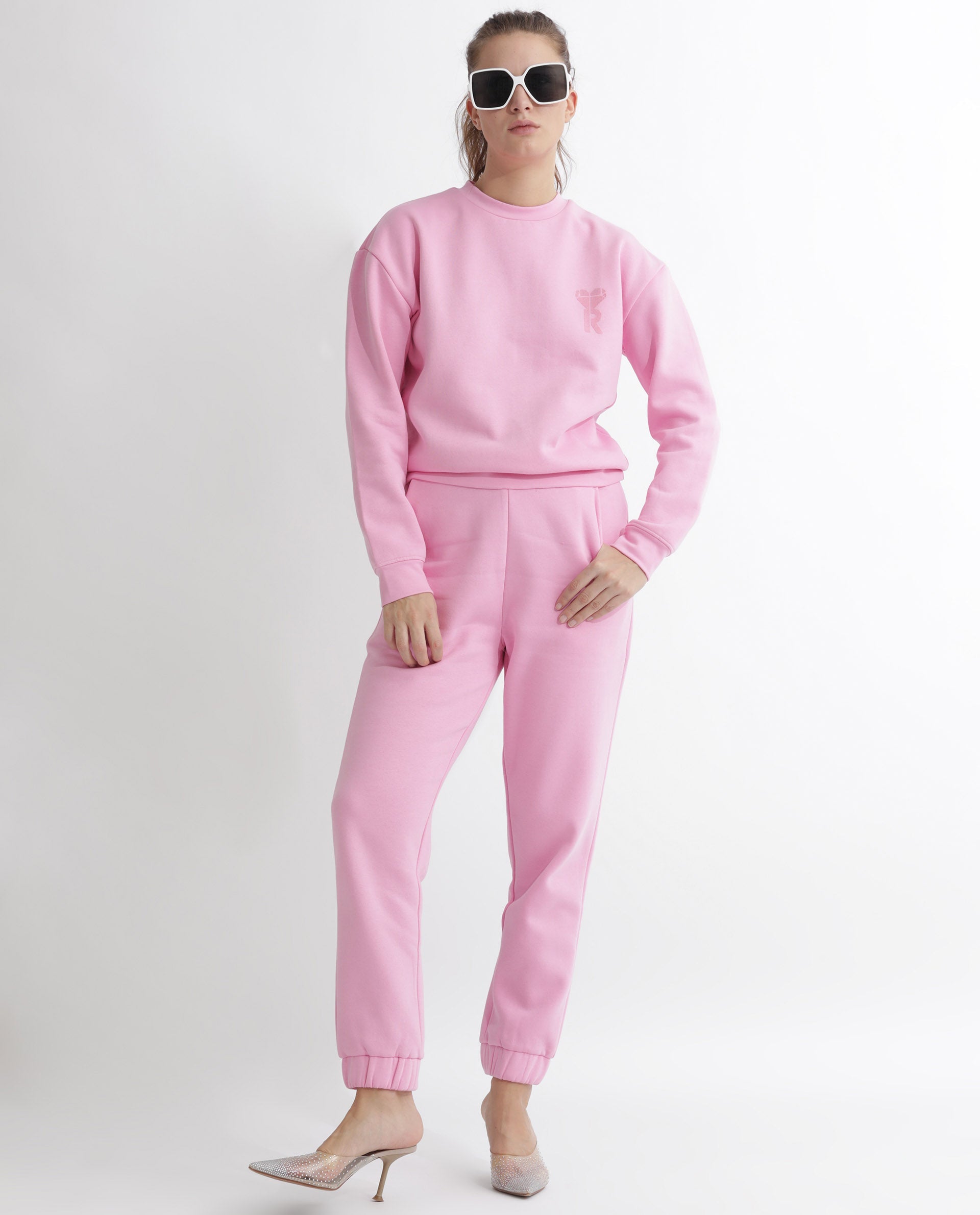 Rareism Women Terac F Light Pink Poly Cotton Fabric Regular Fit Solid Mid Rise Ankle Length Track Pant